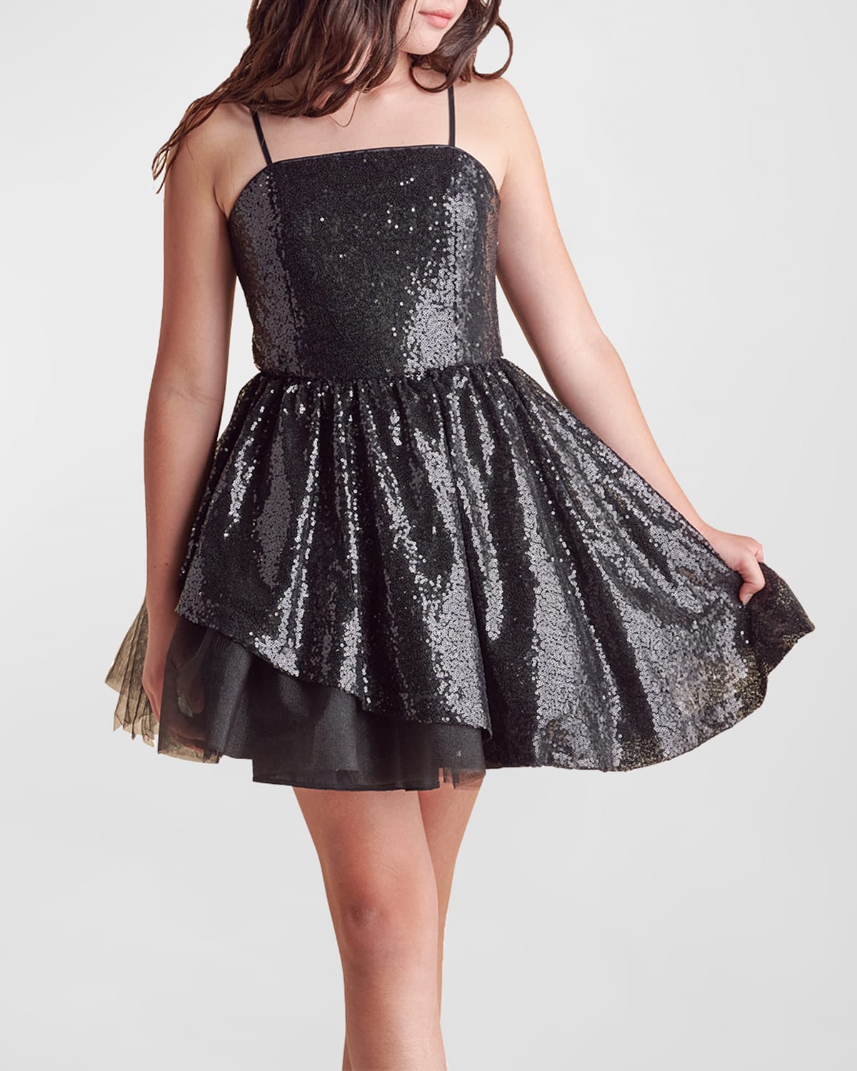 Un Deux Trois Girl's Sequined Peek-a-boo Tulle Dress In Black