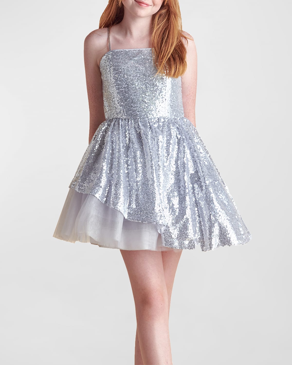 Un Deux Trois Kids' Girl's Sequined Peek-a-boo Tulle Dress In Silver