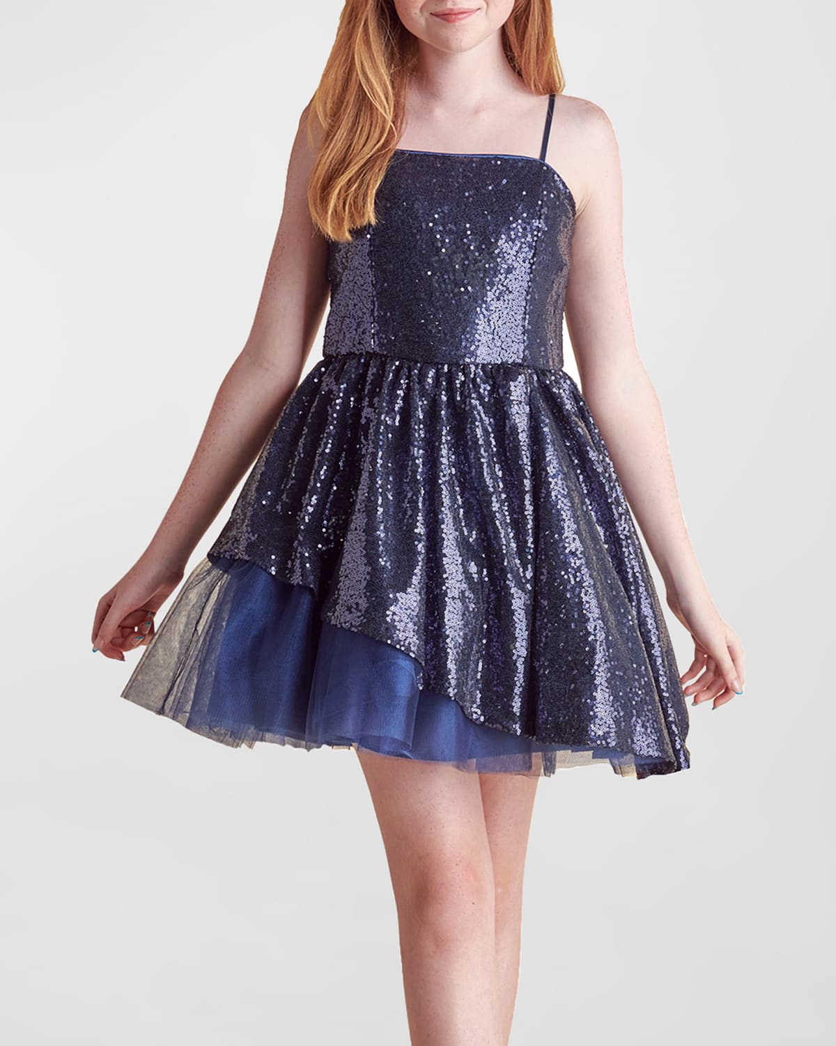 Un Deux Trois Kids' Girl's Sequined Peek-a-boo Tulle Dress In Navy