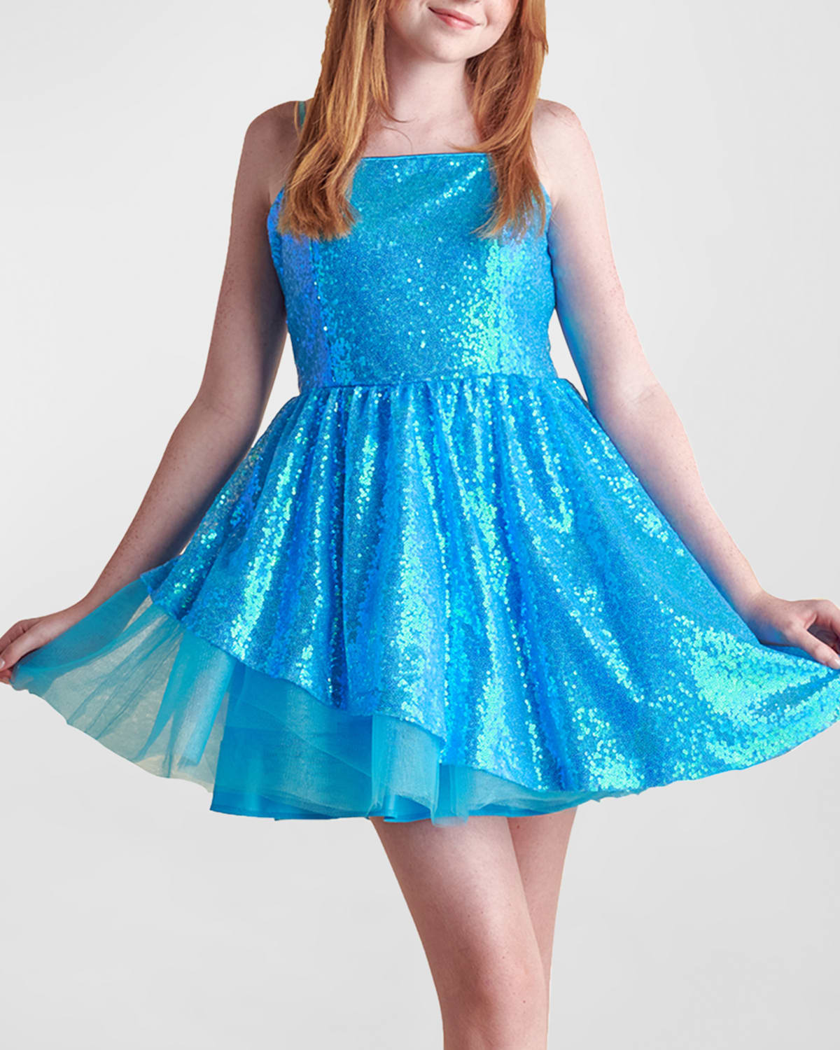 Un Deux Trois Kids' Girl's Sequined Peek-a-boo Tulle Dress In Turquoise