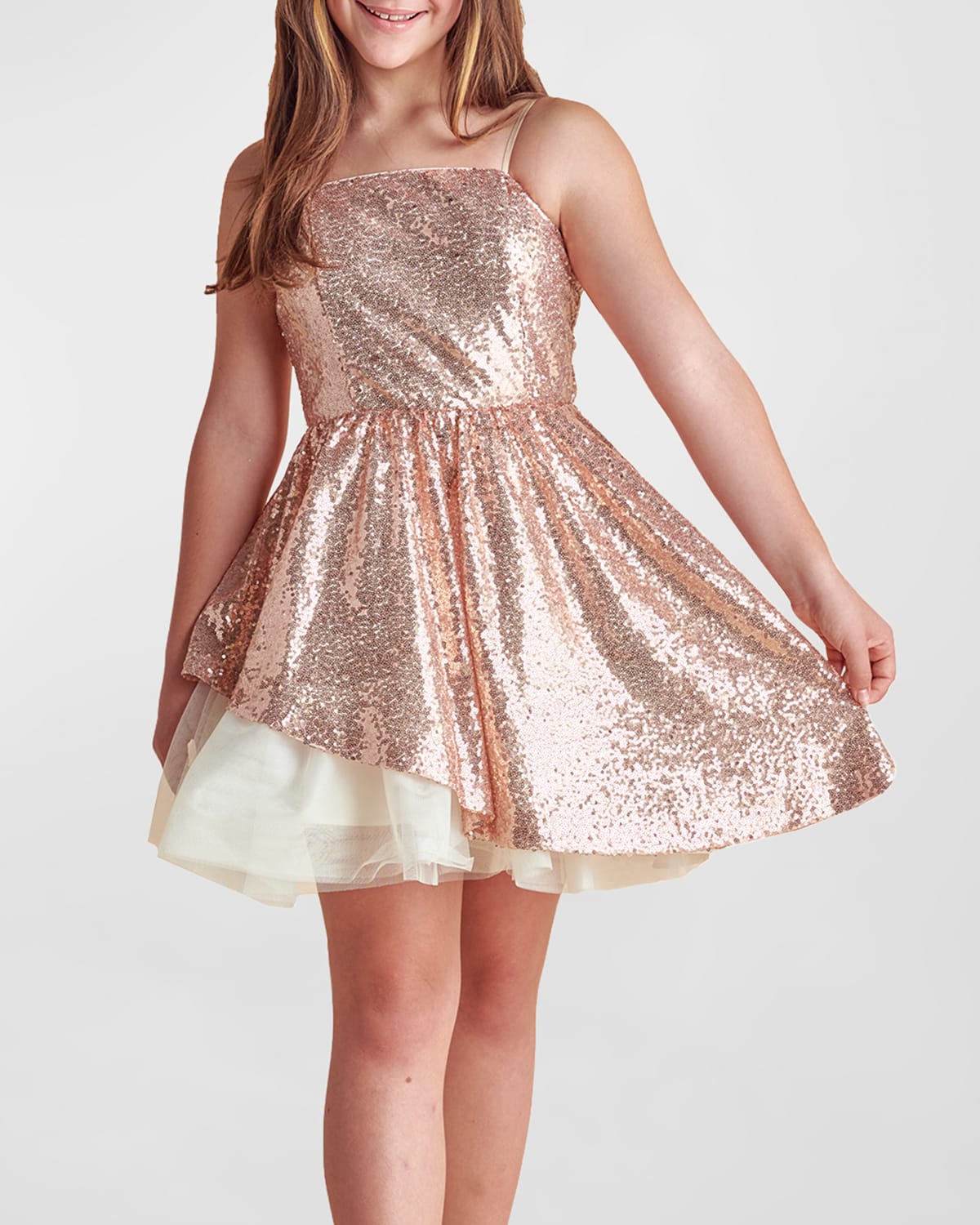 Un Deux Trois Kids' Girl's Sequined Peek-a-boo Tulle Dress In Pink