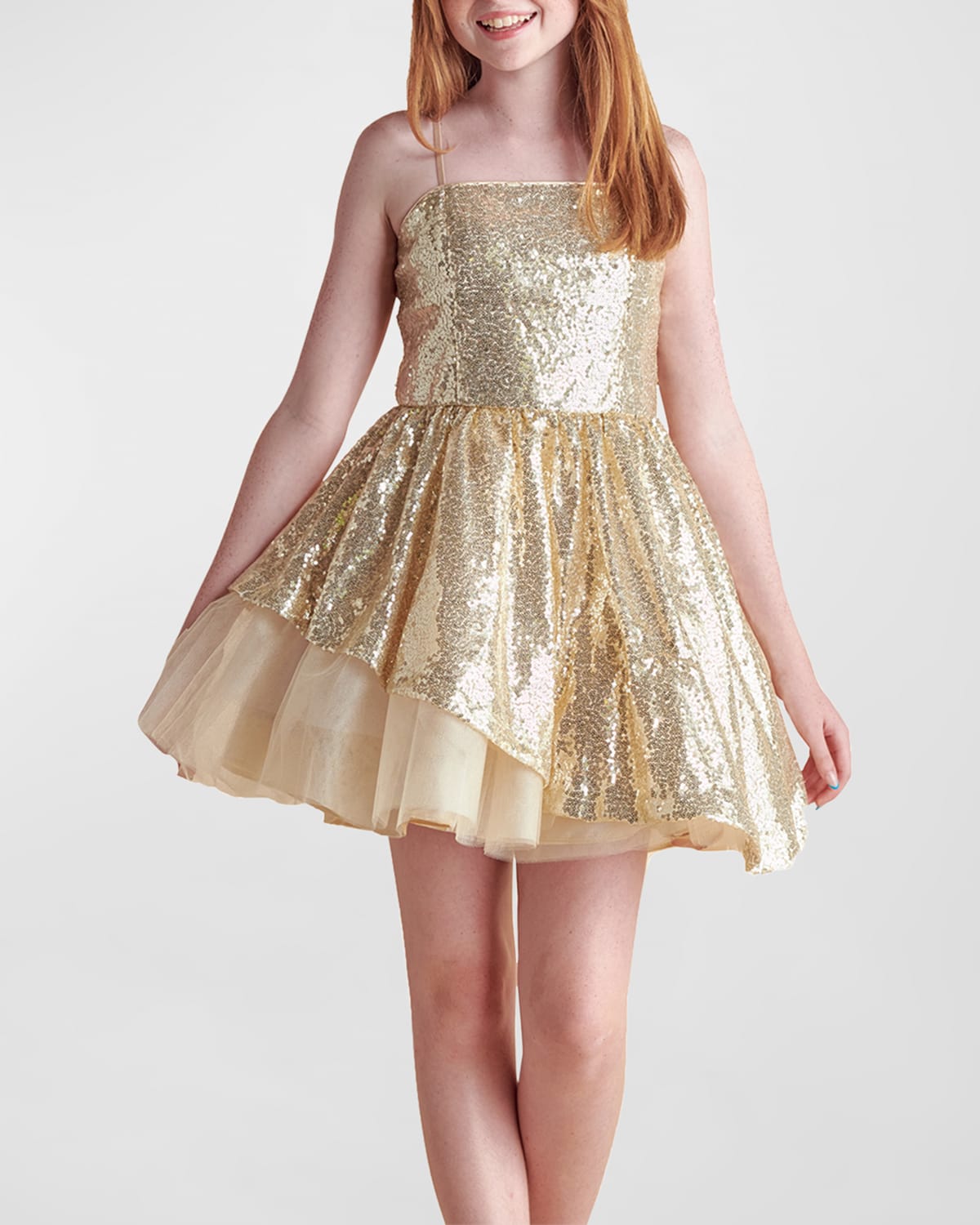 Un Deux Trois Girl's Sequined Peek-a-boo Tulle Dress In Gold