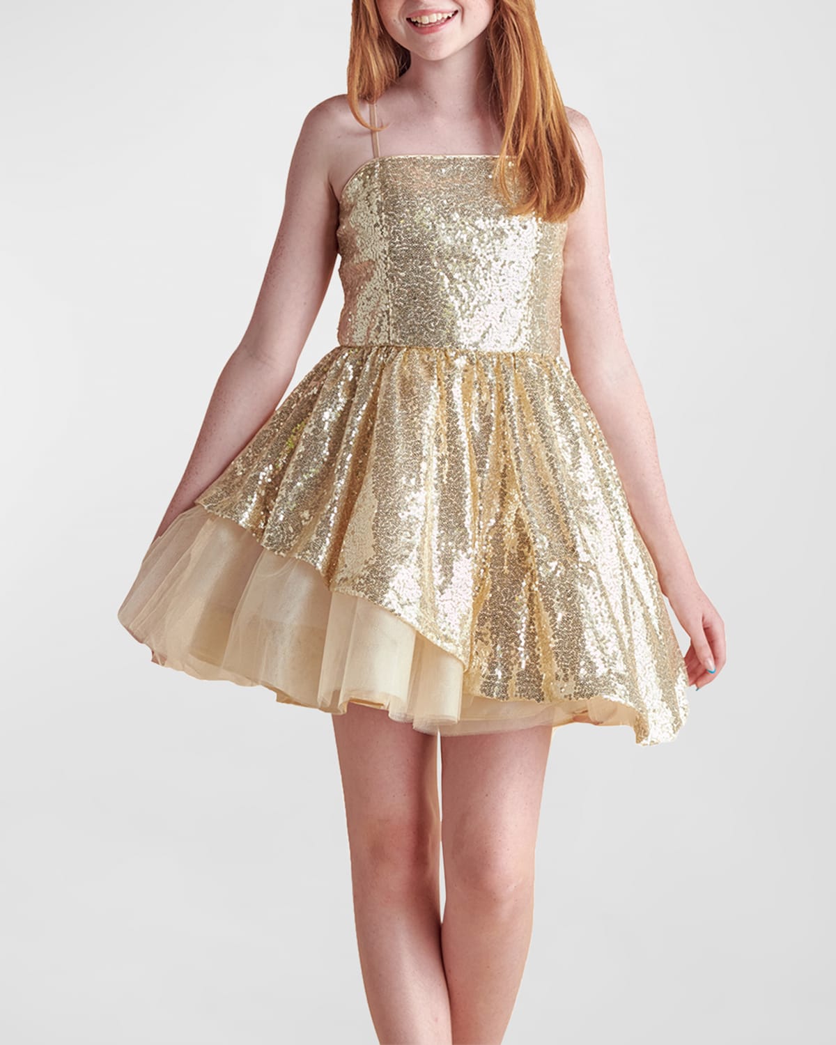 Un Deux Trois Kids' Girl's Sequined Peek-a-boo Tulle Dress In Gold