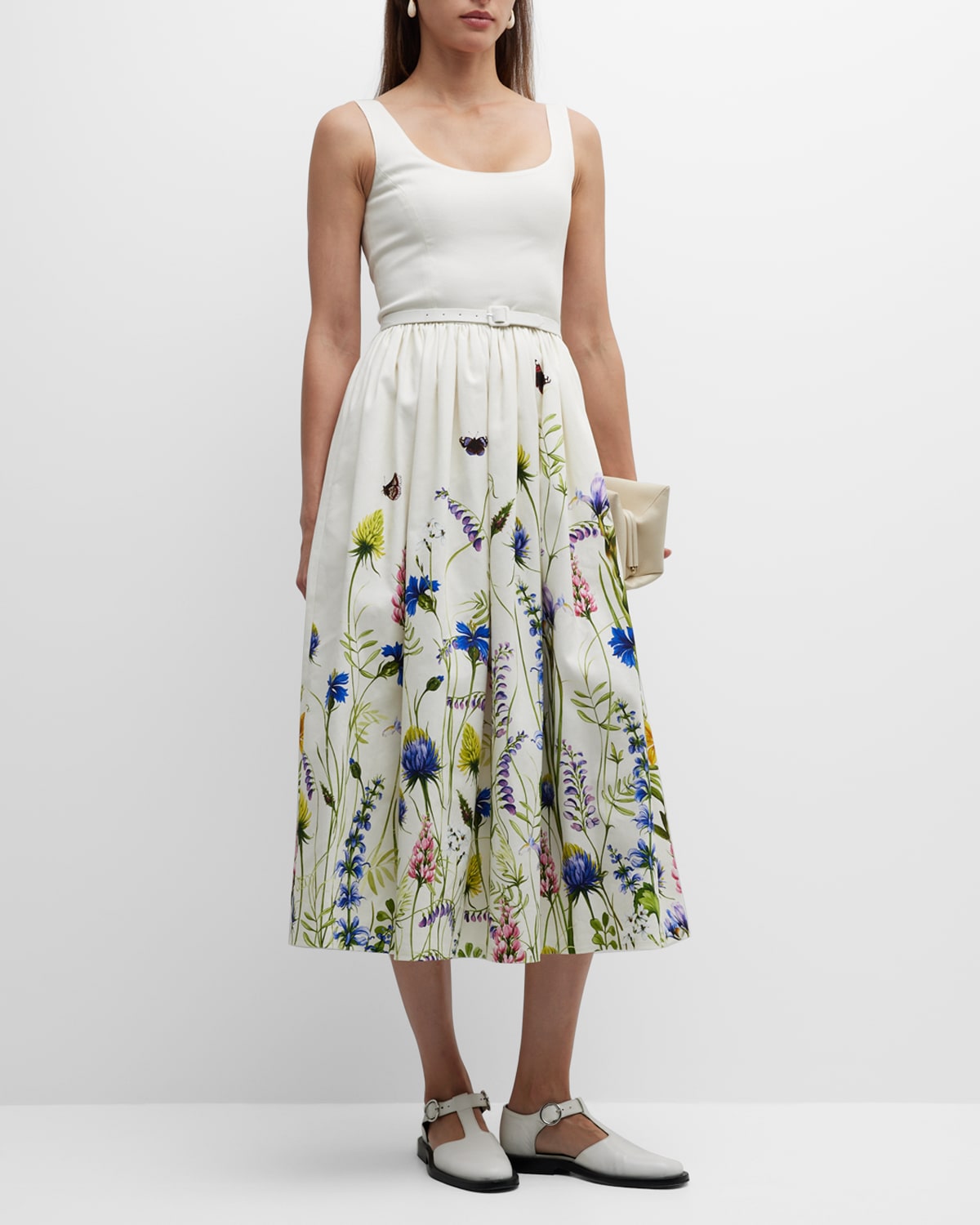 Eliose Garden-Print Belted Fit-&-Flare Midi Dress