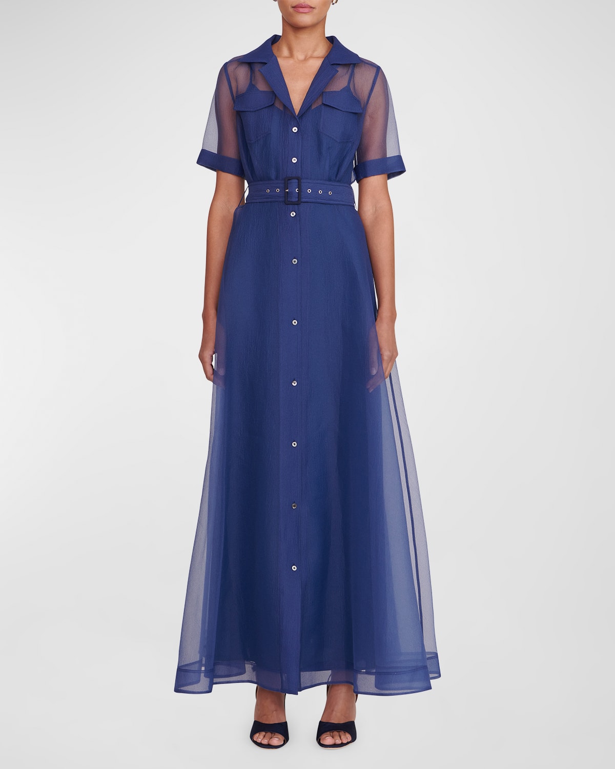 Shop Staud Millie Organza Short-sleeve Belted Maxi Shirtdress In Navy