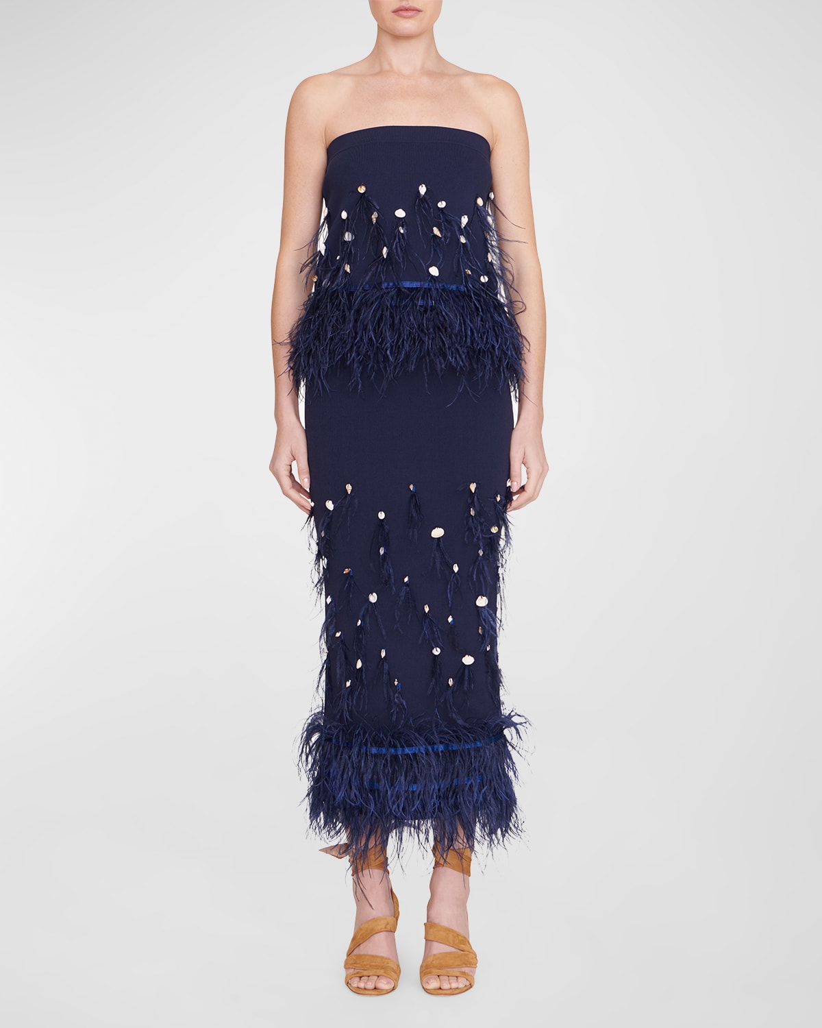 Staud Makayla Ostrich Feather Embellished Midi Skirt In Navy