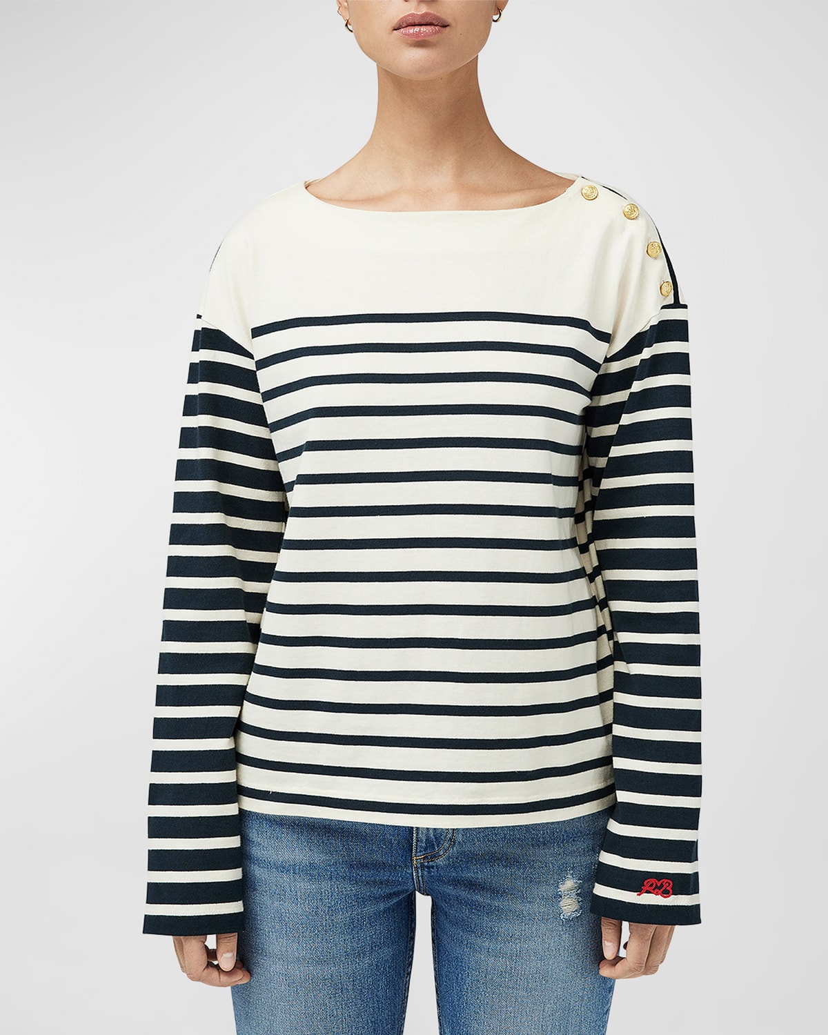 Rag & Bone Striped Button-embellished Cotton-jersey Top In Ivrystripe