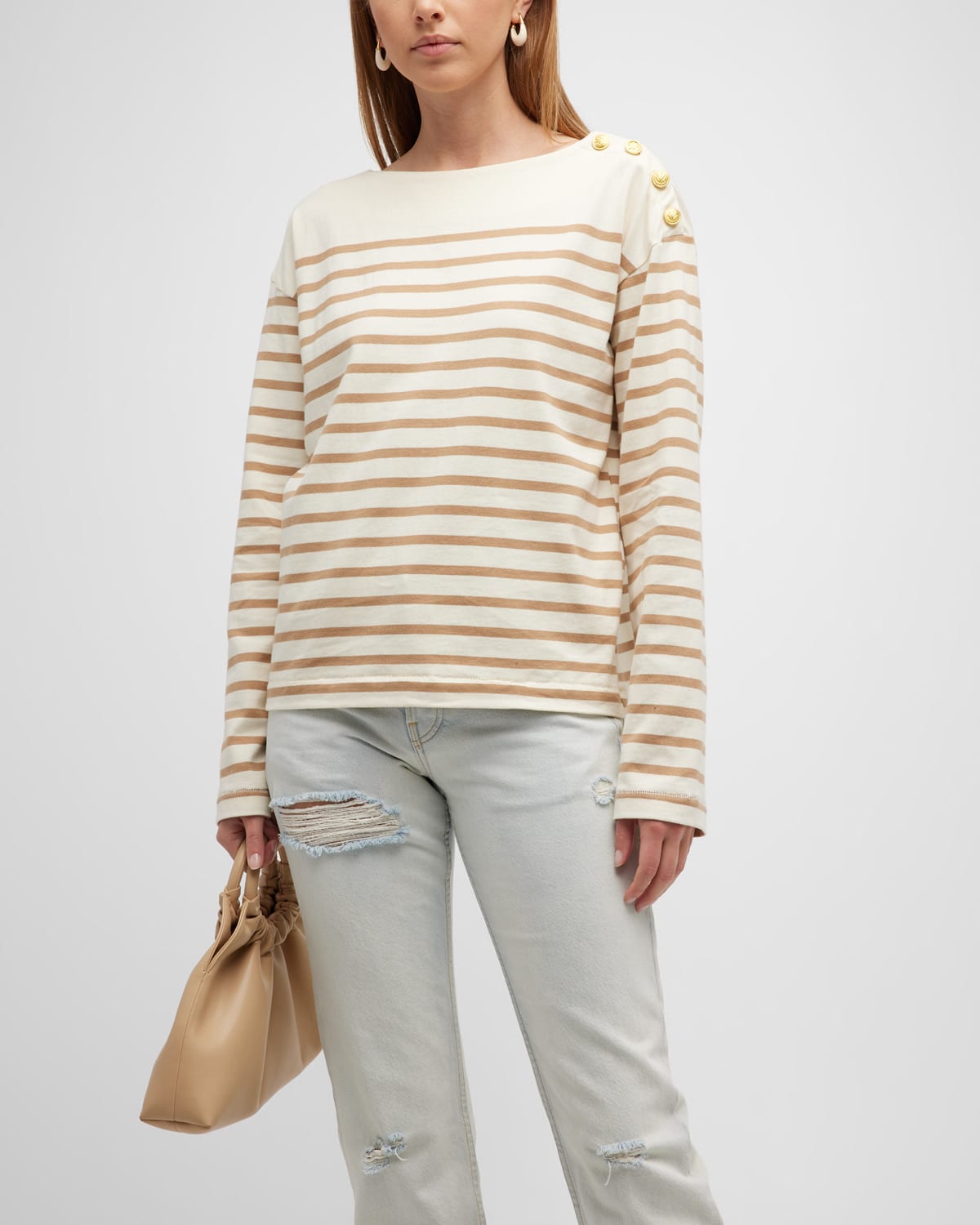 Rag & Bone Bardot Striped Long Sleeve Top In Camelstrp