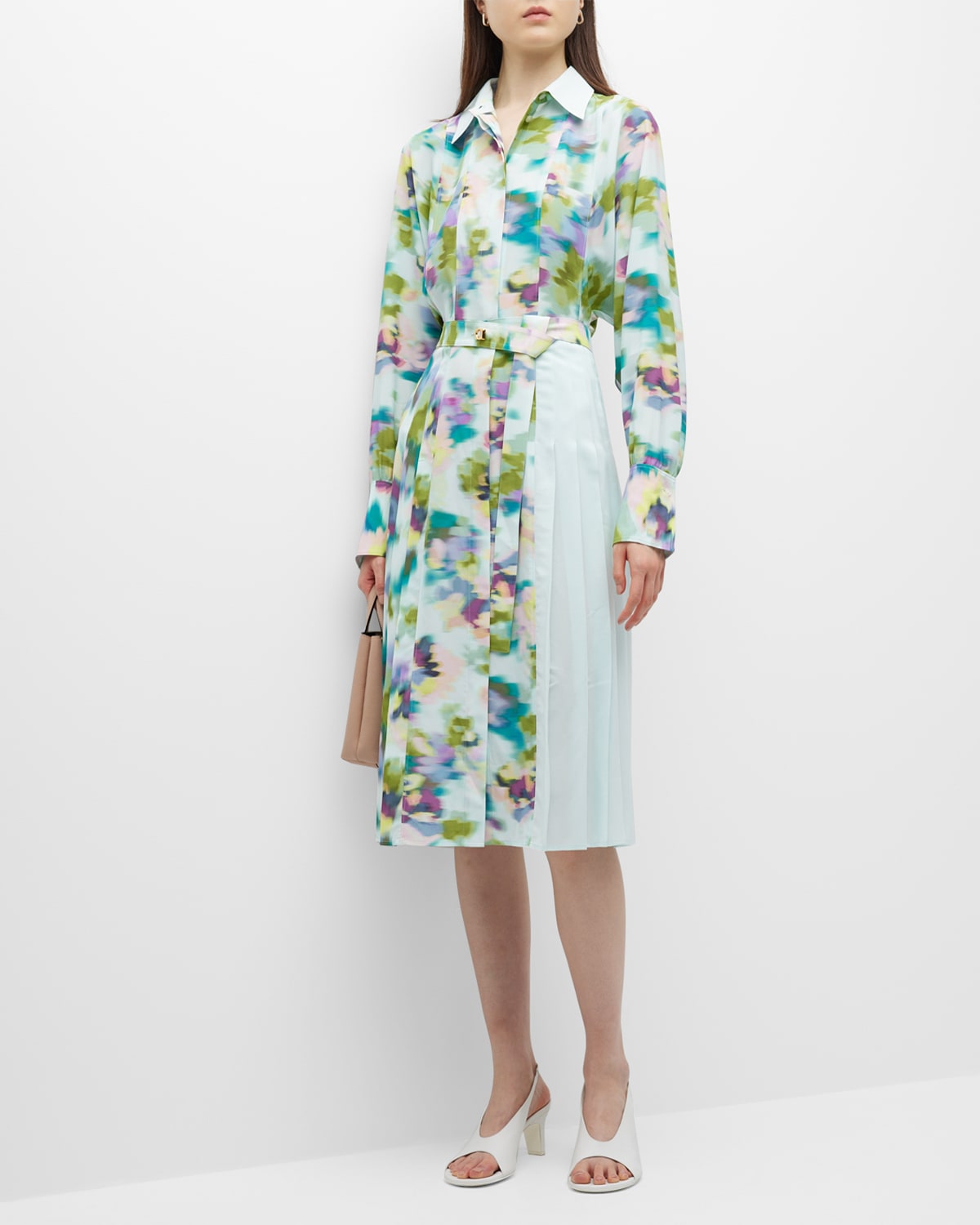 Abstract Floral-Print Belted Crepe De Chine Midi Shirtdress