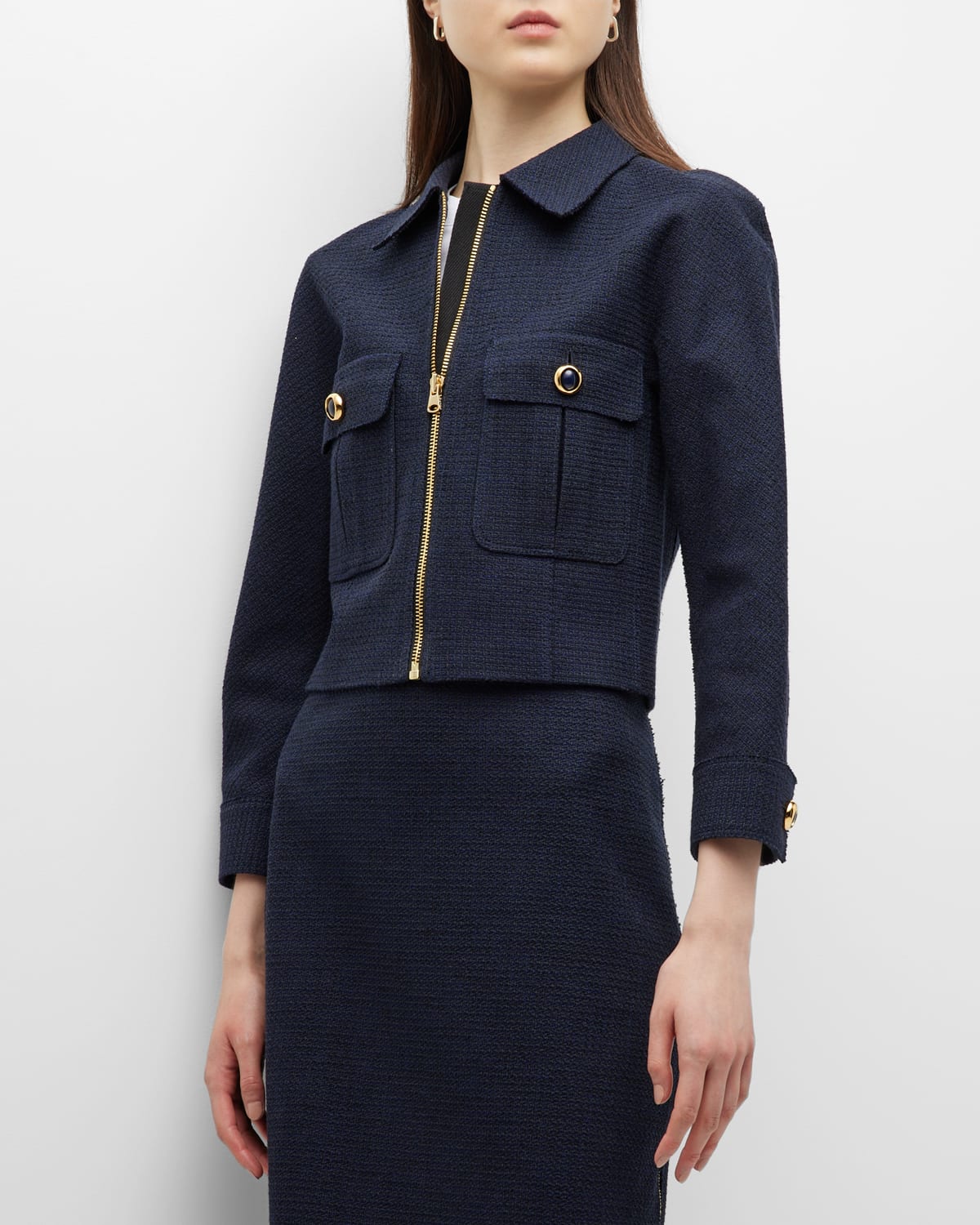 St John Bonded Mouline Tweed Crop Collared Jacket In Blue