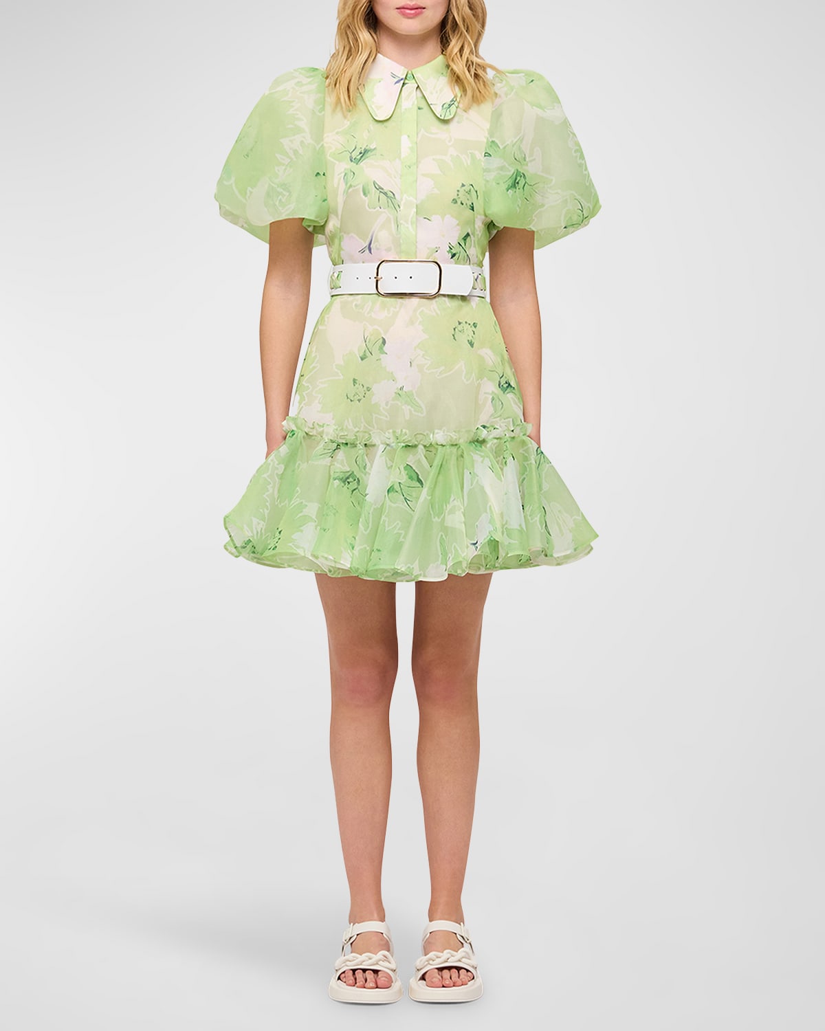 Leo Lin Sophie Balloon-sleeve Floral-print Mini Dress In Sage