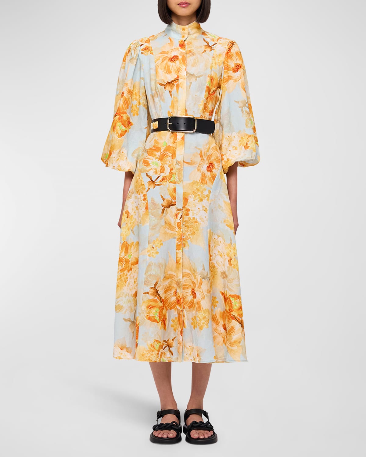 Leo Lin Nellie Balloon-sleeve Floral-print Midi Dress In Apricot