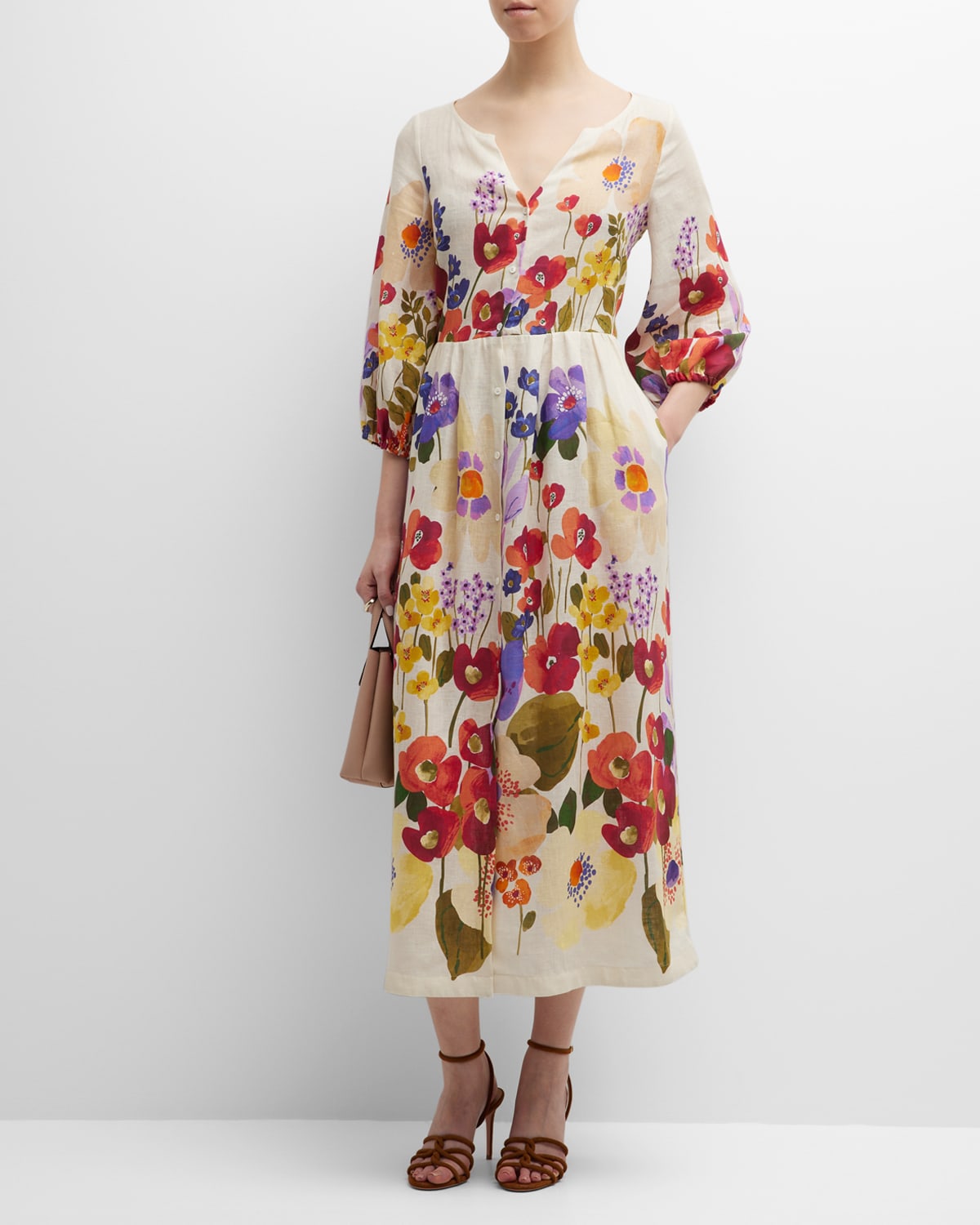 Flossie Floral-Print Blouson-Sleeve Maxi Dress