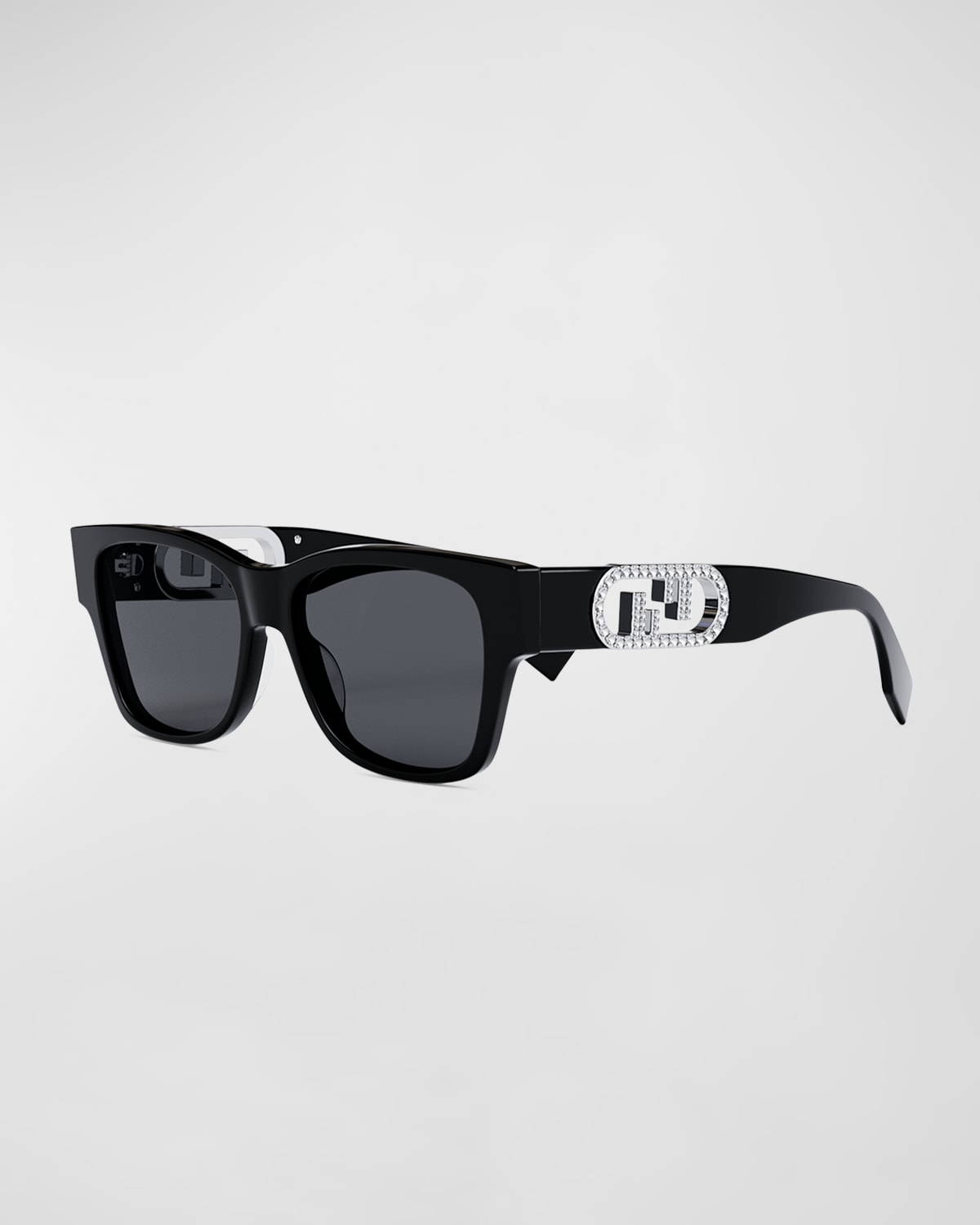 Shop Fendi Embellished O'clock Logo Acetate Rectangle Sunglasses In Shiny Black Smoke