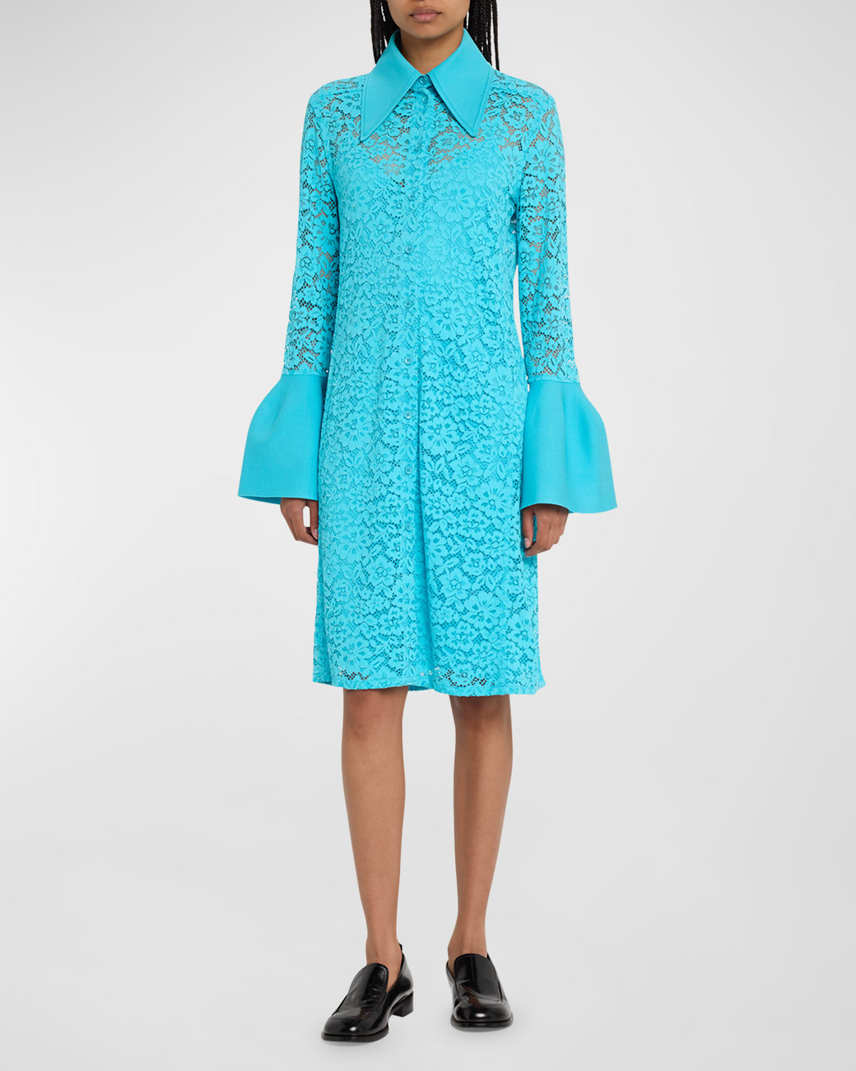 Proenza Schouler Stretch Lace Shirtdress With Bell Cuffs In Cyan