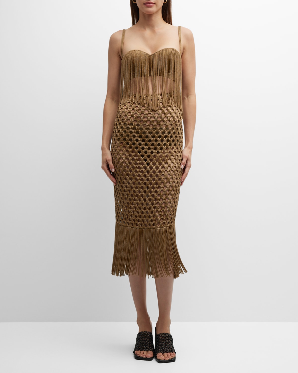 PROENZA SCHOULER LACQUERED MESH KNIT MIDI DRESS WITH FRINGE DETAIL