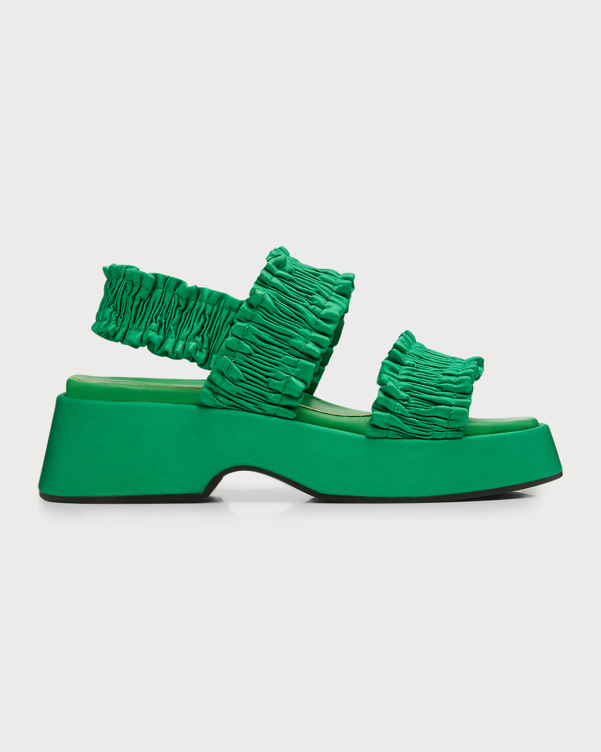 Ganni Smocked Slingback Flatform Sandals In Kelly Green