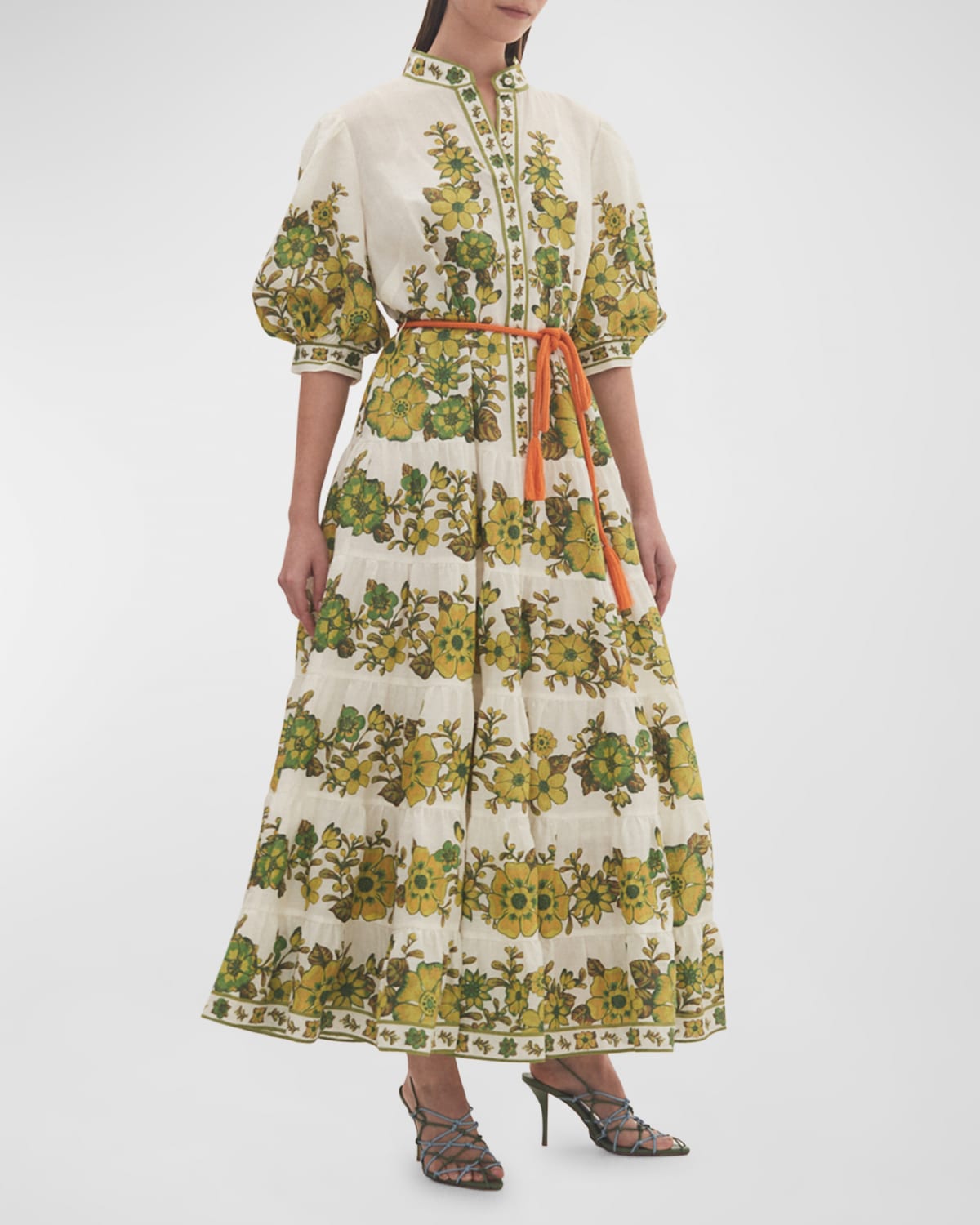 Alemais Wallis Tiered Puff-sleeve Rope-tie Midi Dress In Myrtle