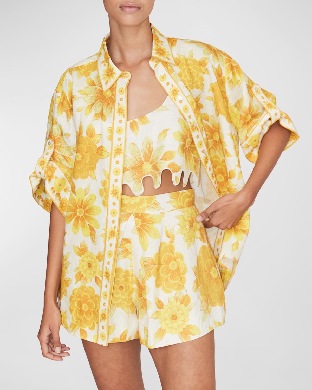 Alemais Sonny Oversized Floral Linen Tab-sleeve Shirt In Lemon