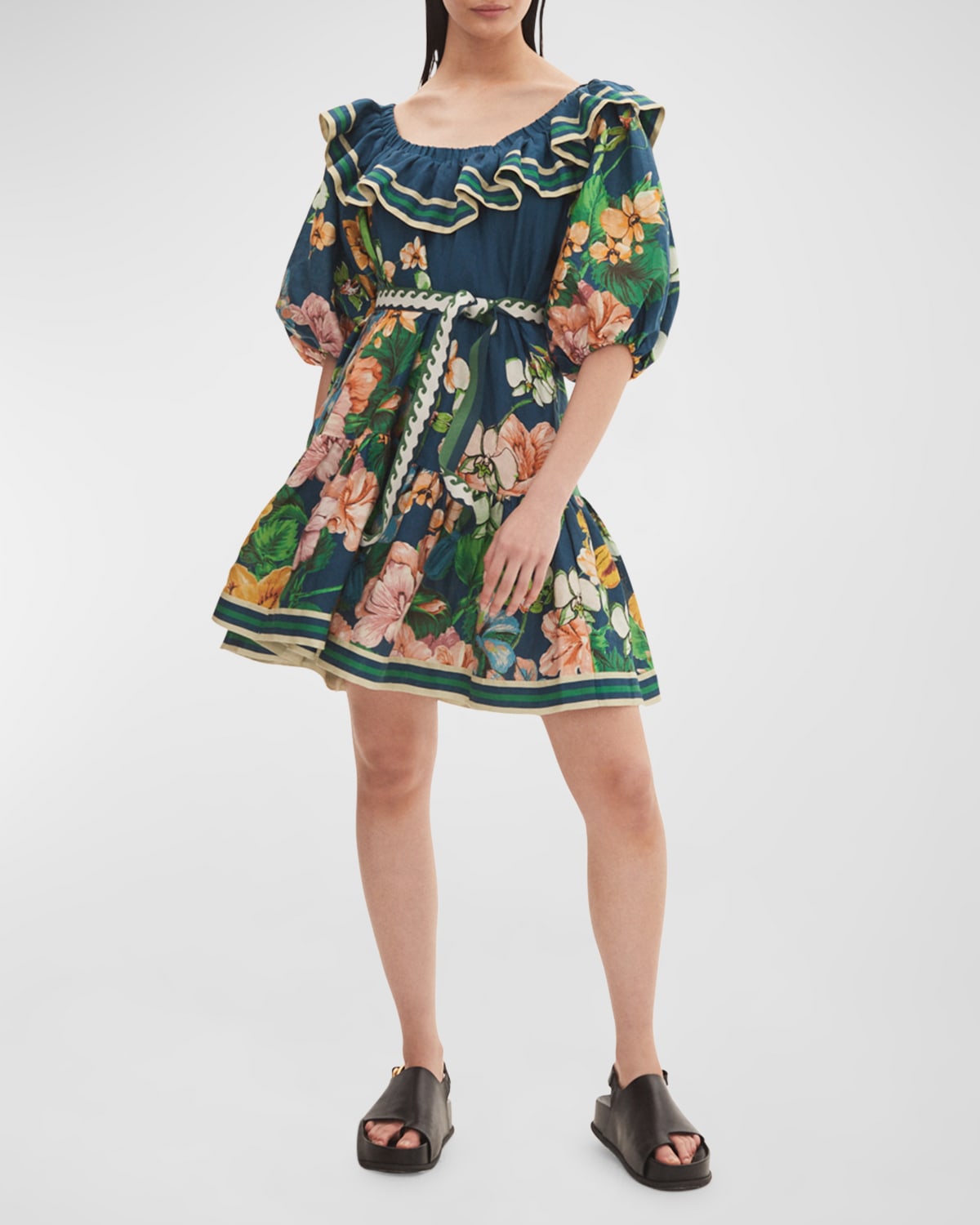 Lyla Frill-Neck Tassel-Belt Linen Mini Dress