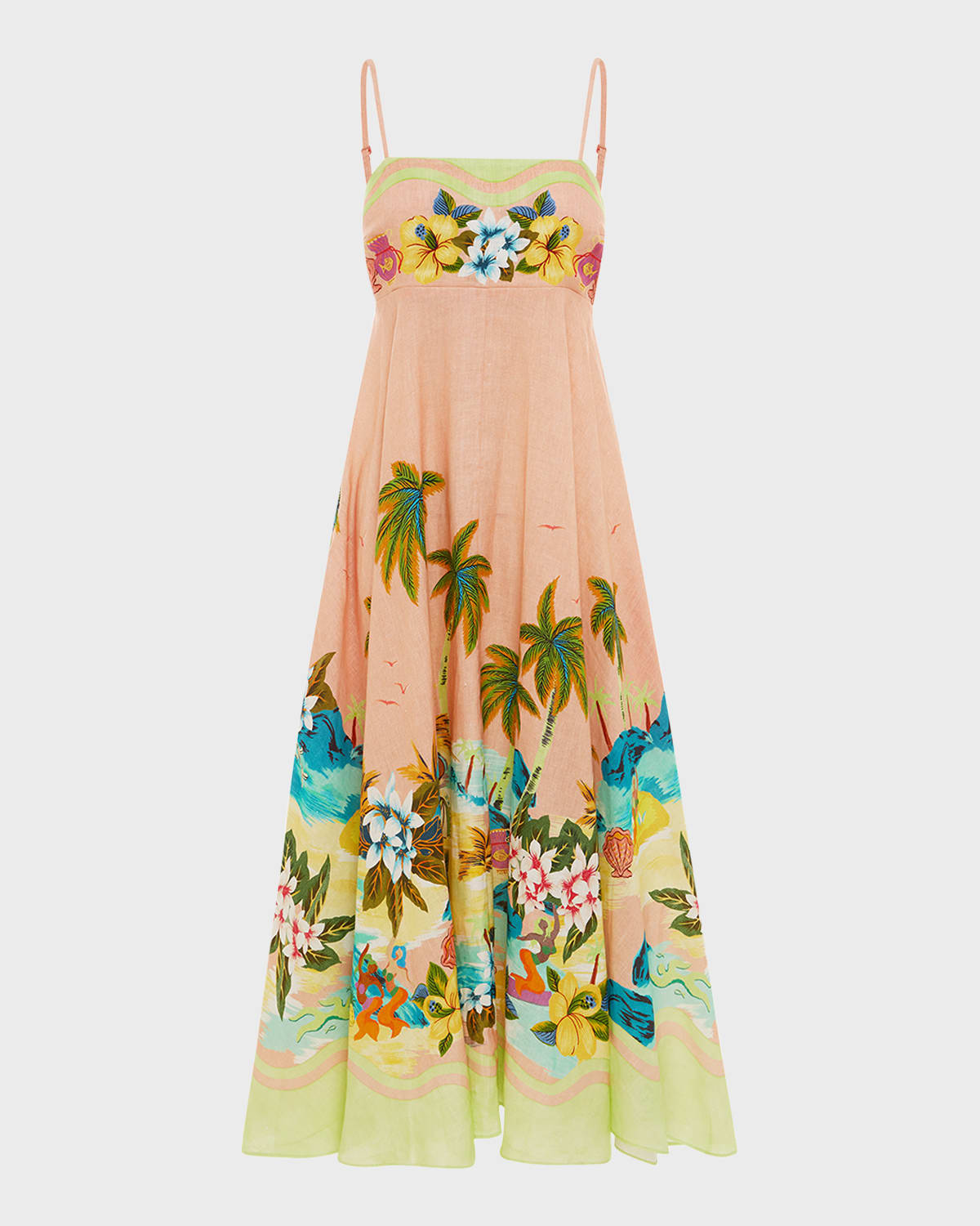 Alemais Mermaid Point Tropical-print Midi Linen Dress In Pink