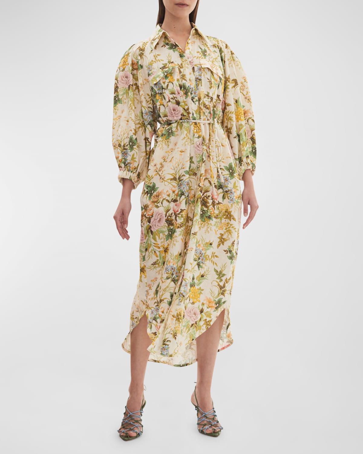 Eden Floral Linen Puff-Sleeve Midi Dress