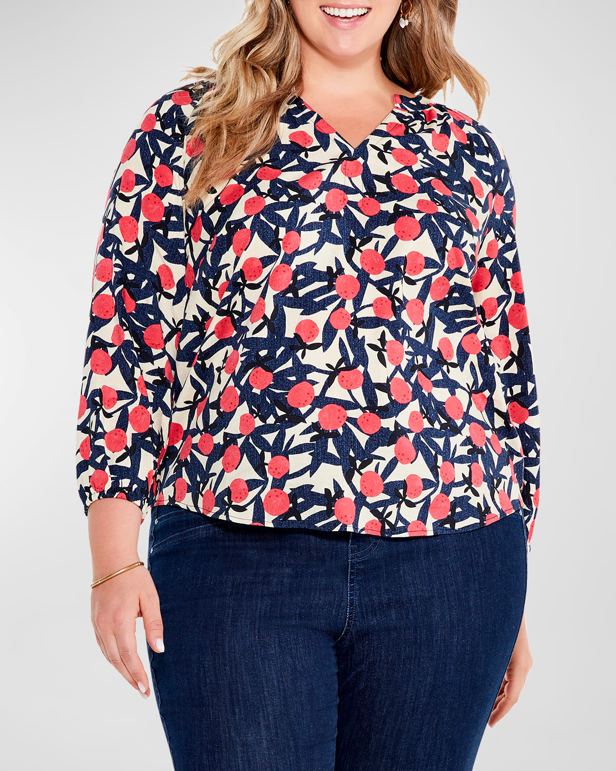 Nic+zoe Plus Plus Size Fresh Squeeze Printed 3/4-sleeve Top In Orange Multi