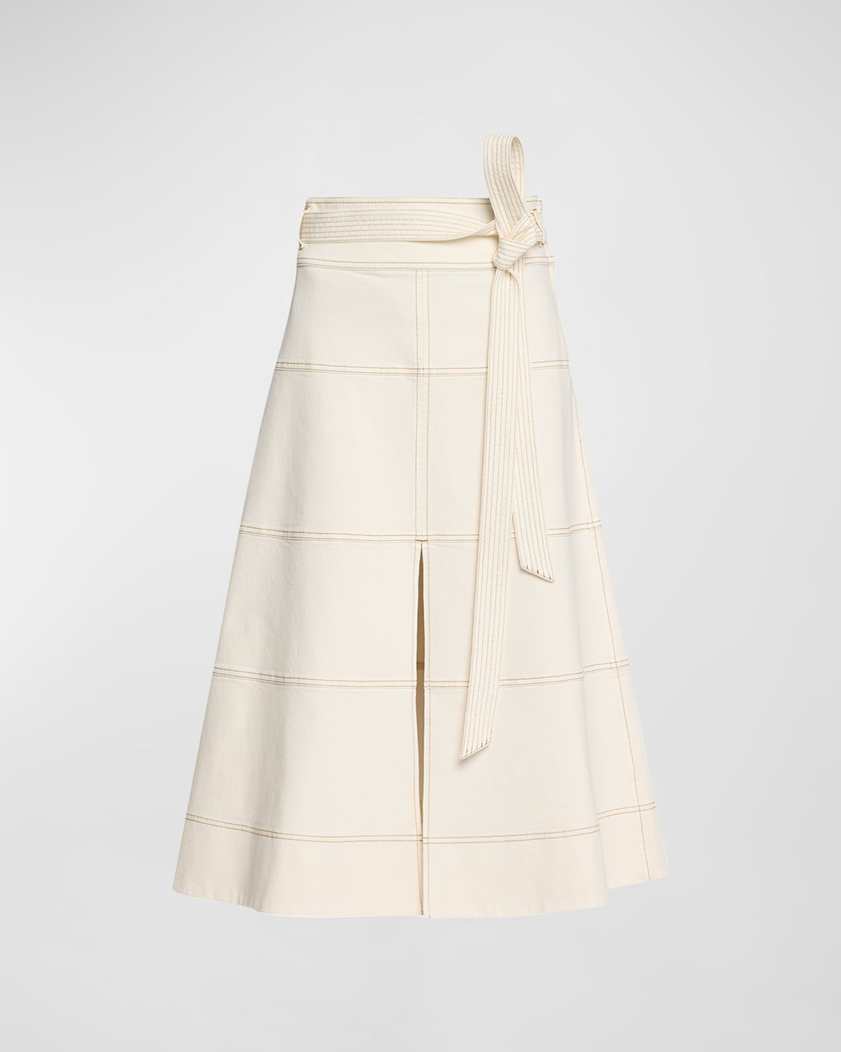 Shop Tanya Taylor Hudson High-waist Belted Denim Midi Skirt In Chalk