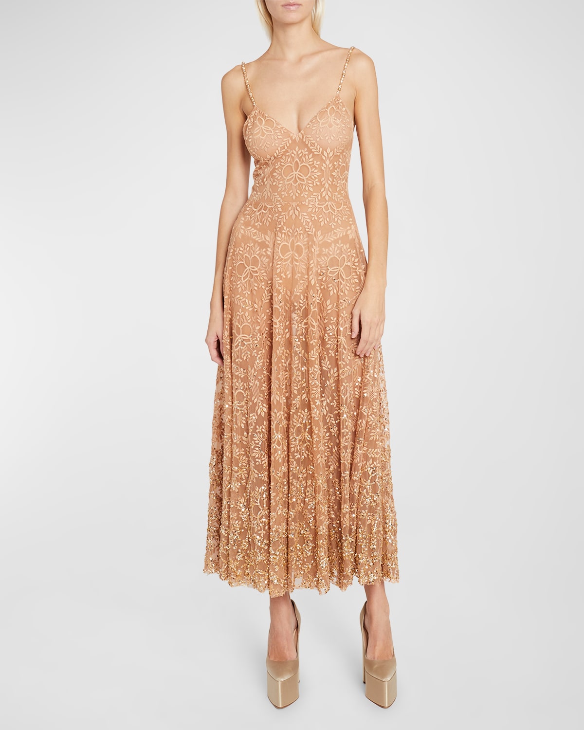 Beaded-Straps Floral Embroidered Tulle Maxi Slip Dress