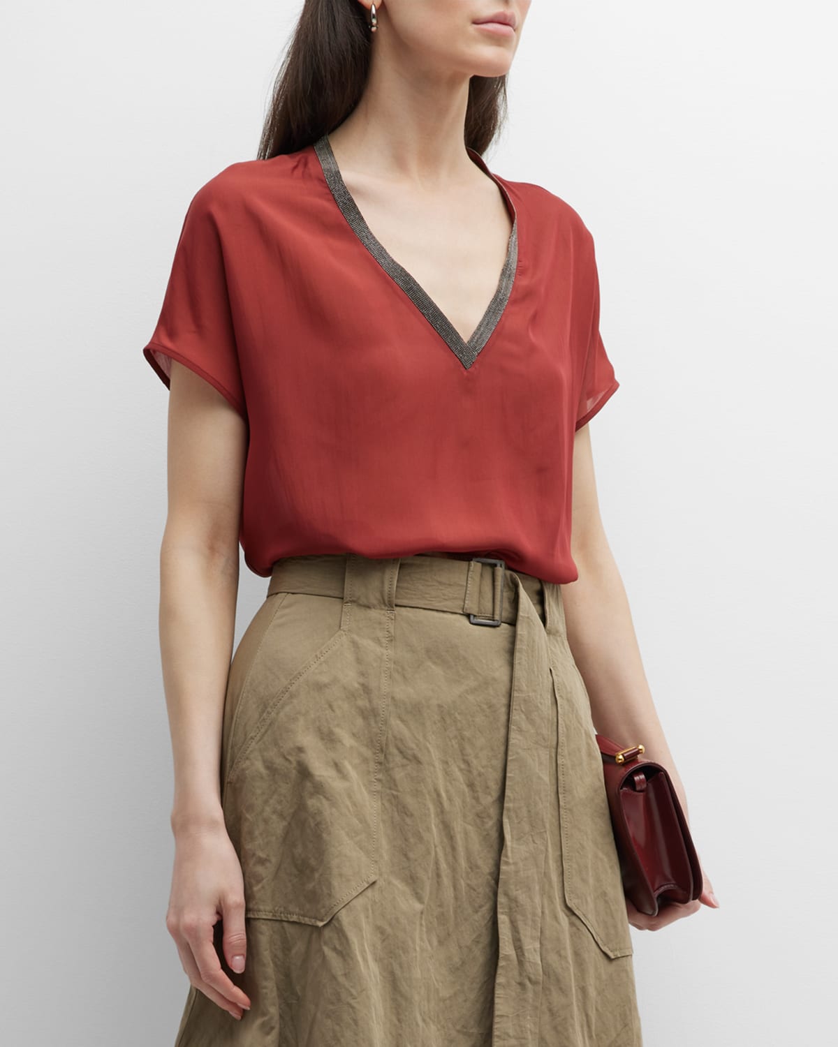 Fabiana Filippi V-neck Short-sleeve T-shirt In Marsala