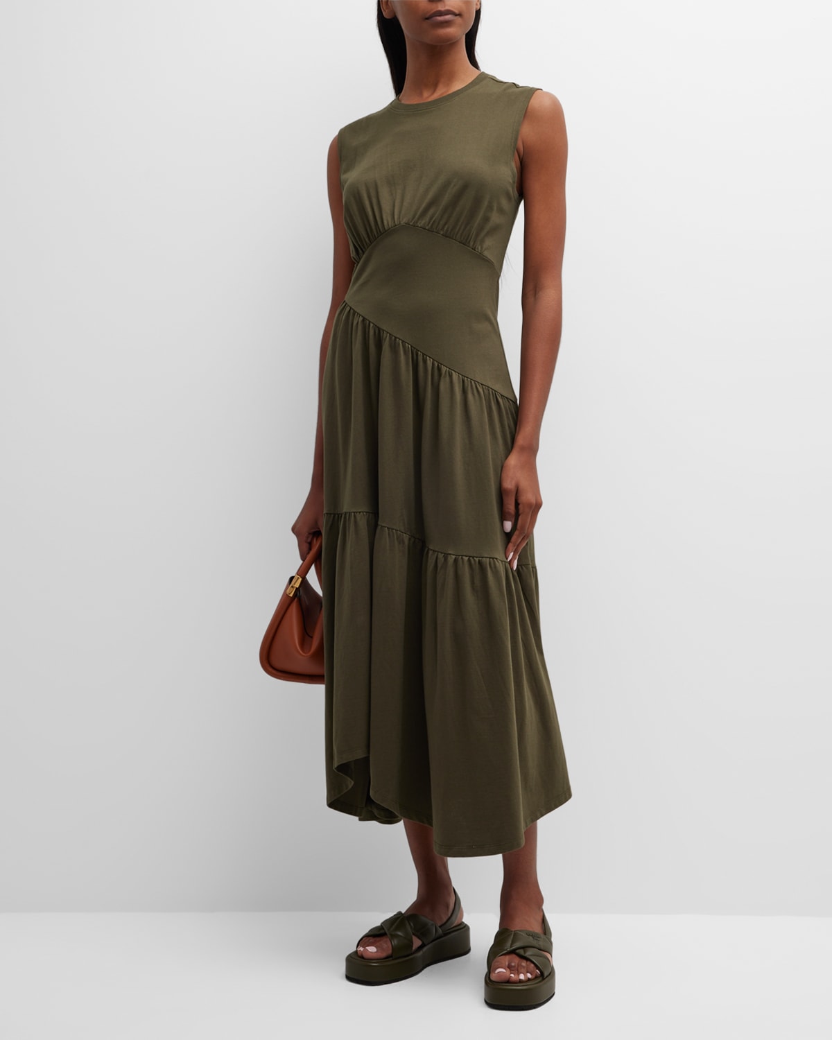 Frame Gathered Seam Organic Cotton A-line Midi Dress In Fatigue
