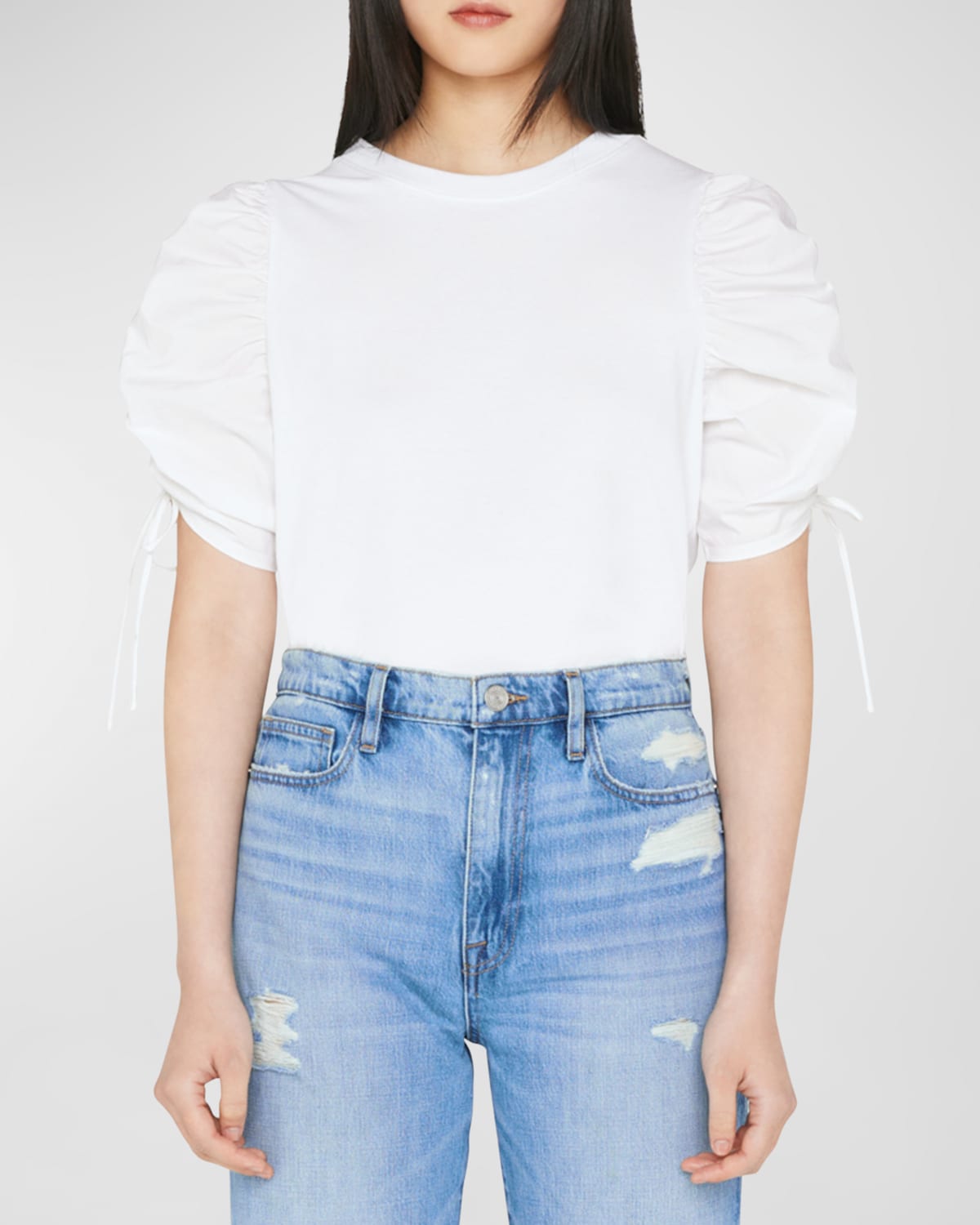 Shop Frame Ruched-sleeve Tee In Blanc