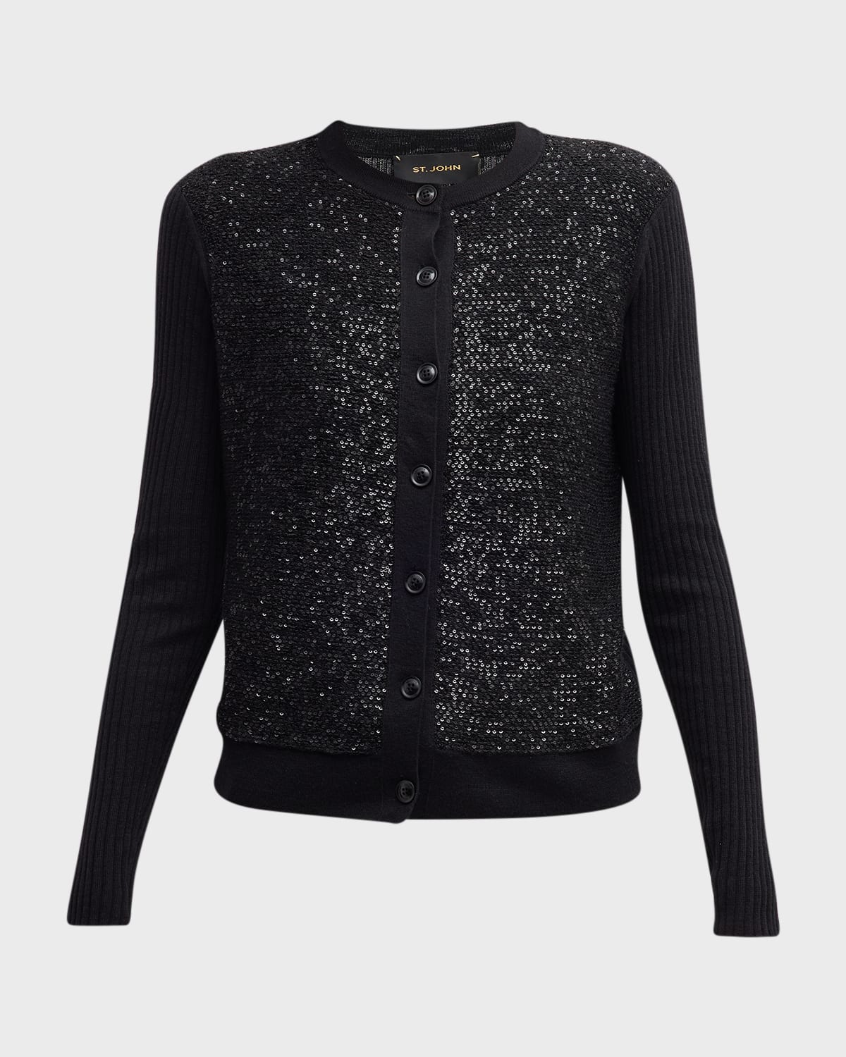 Shop St John Sequin-front Wide Rib Knit Cardigan In Black