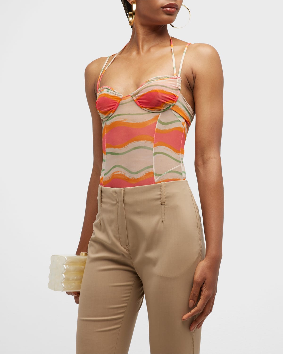 Jacquemus Graphic-print Mesh Bodysuit In Print Pink Waves