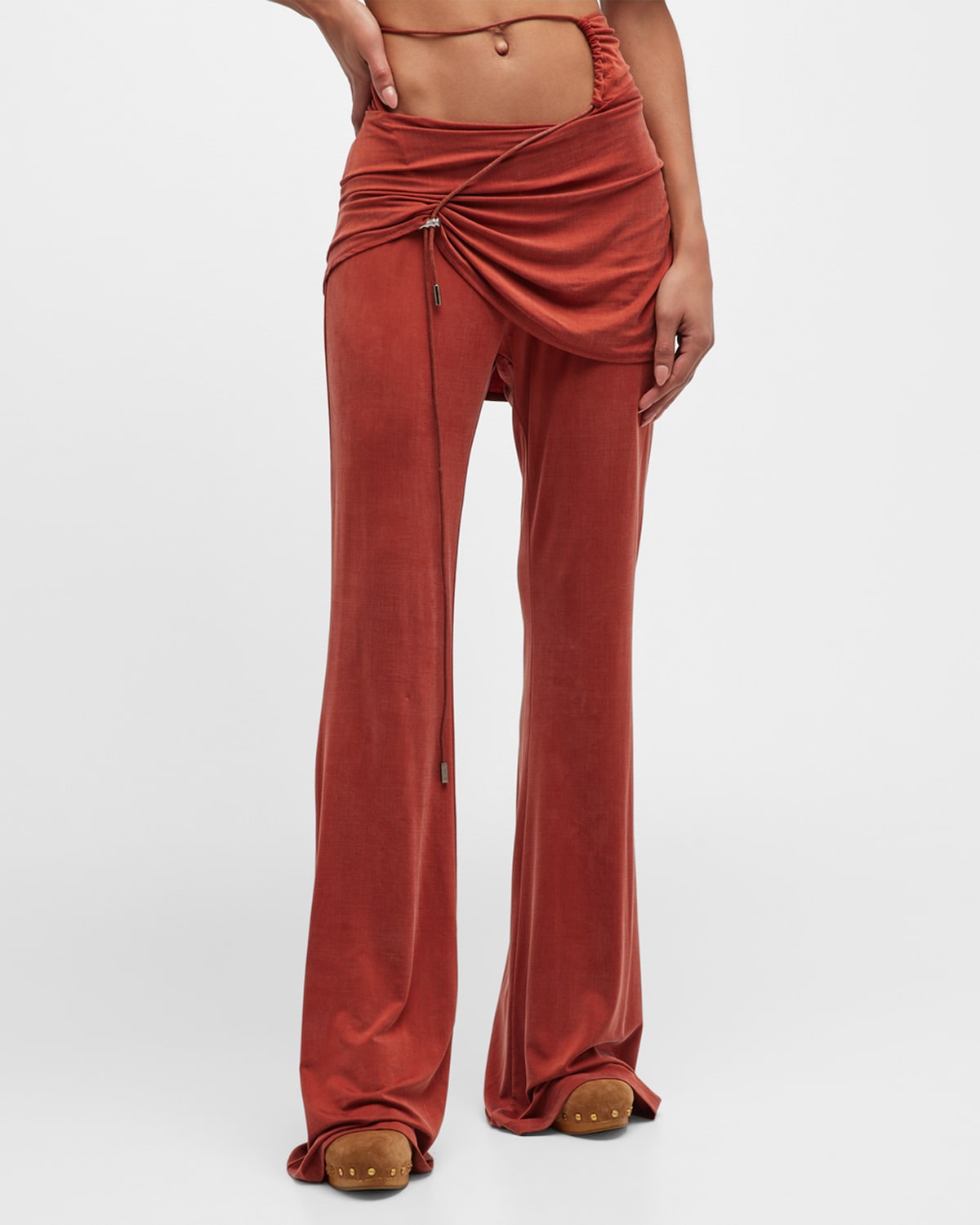 Jacquemus Espelho Drawcord Cutout Overskirt Bootcut-leg Pants In Terracotta
