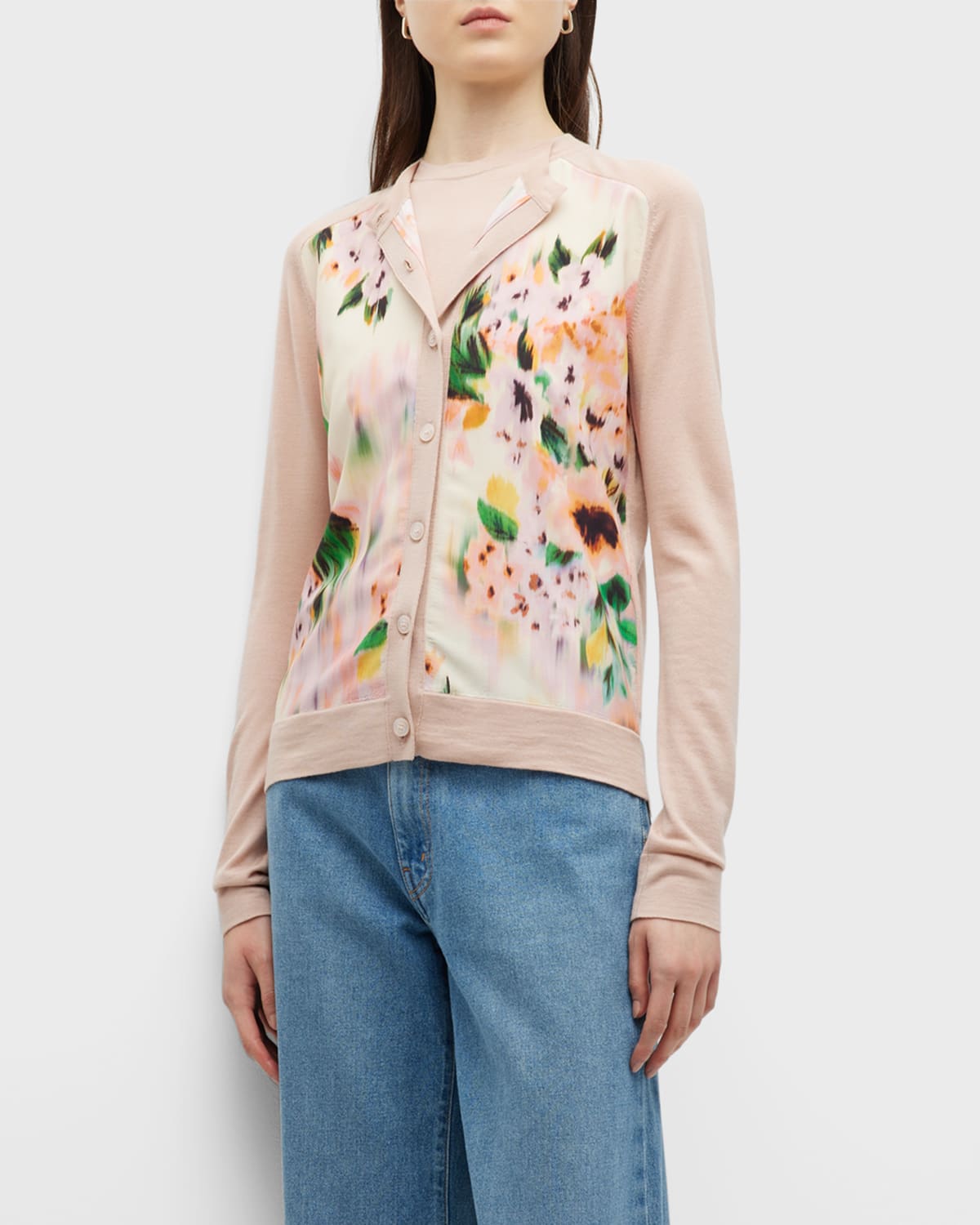 Blurry Floral-Print Crepe De Chine Inset Knit Cardigan