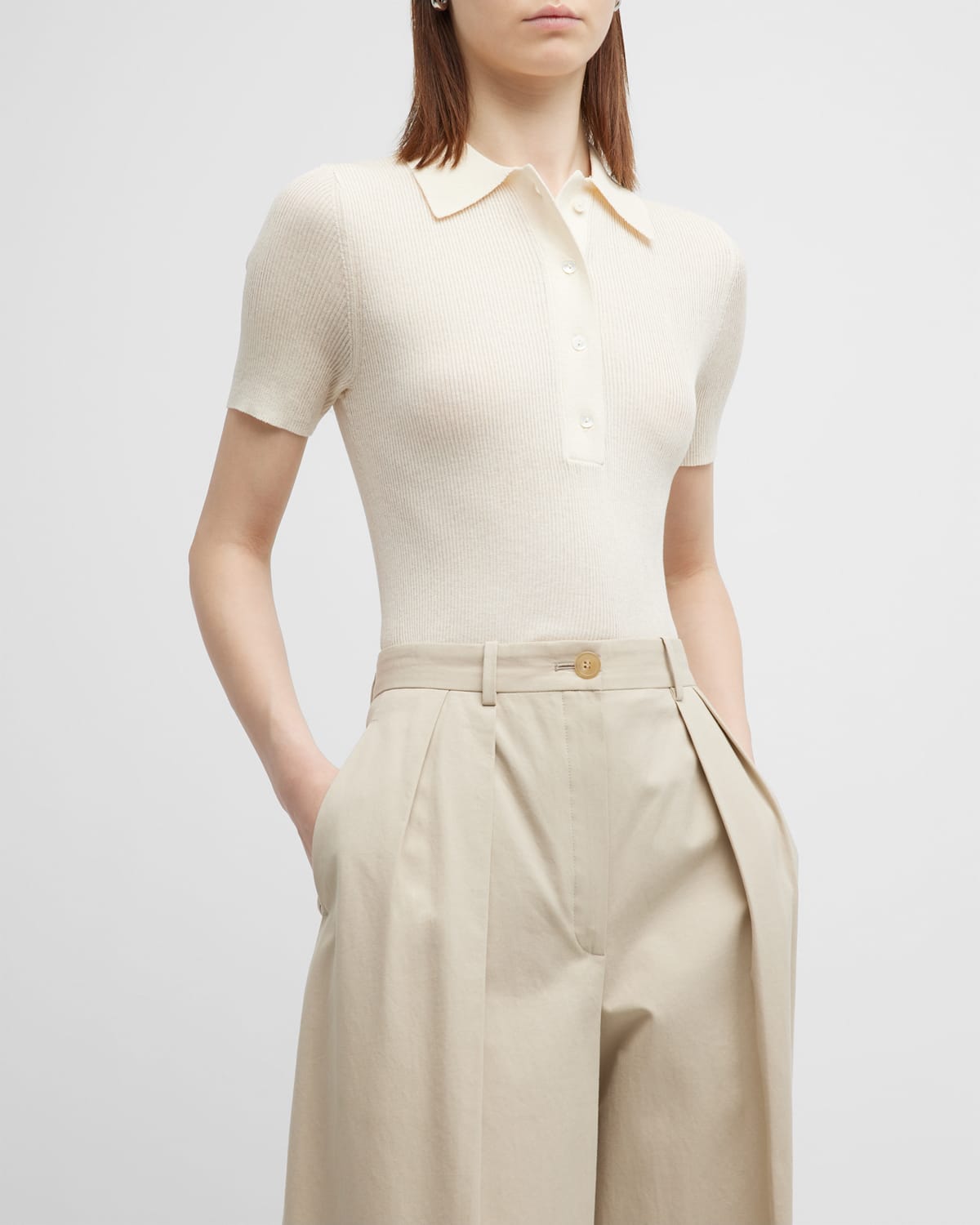 Grey/ven Emma Ribbed Short-sleeve Polo In Natural | ModeSens