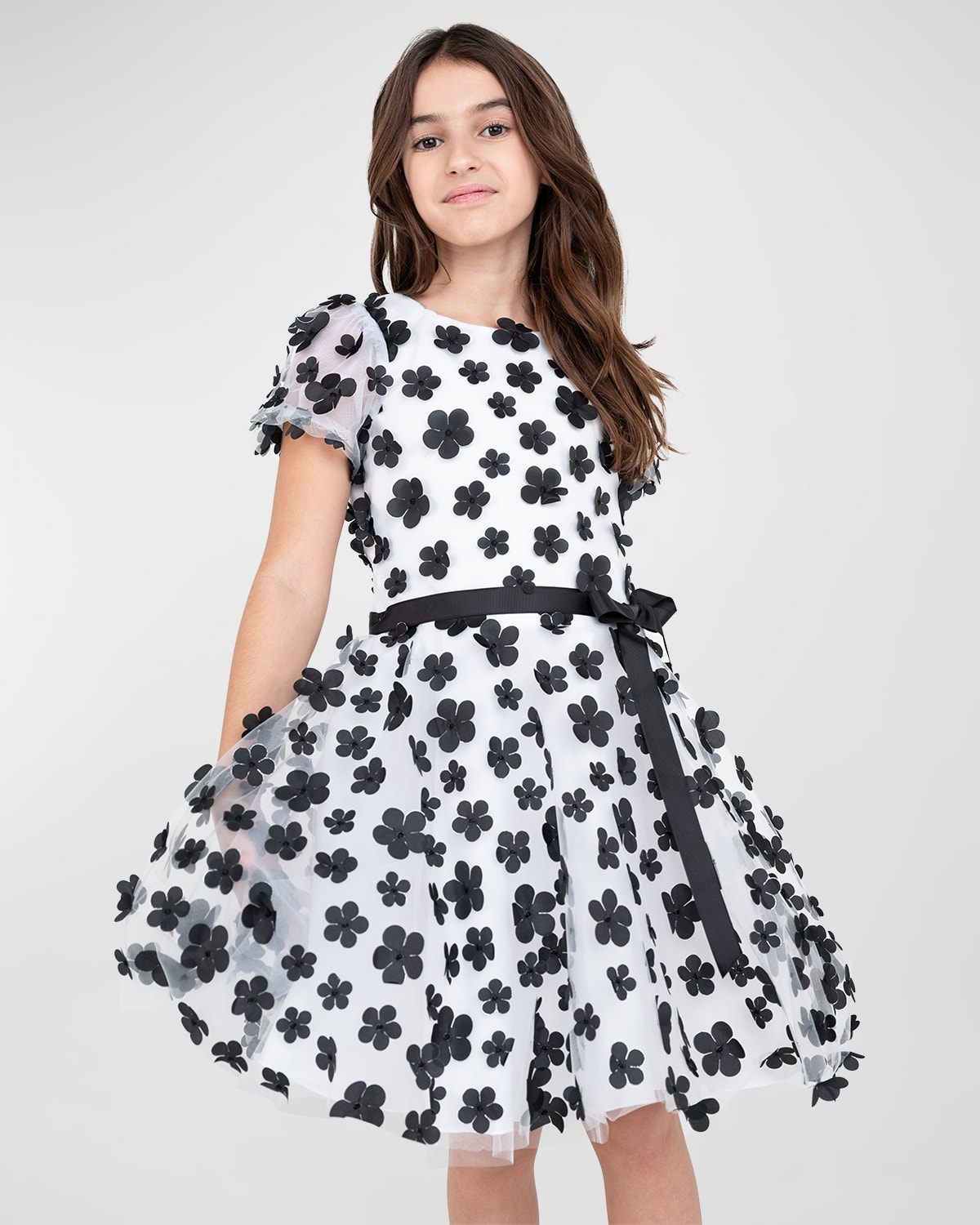 Zoe Kids' Girl's 3d Floral-print Dress In Blk/wht