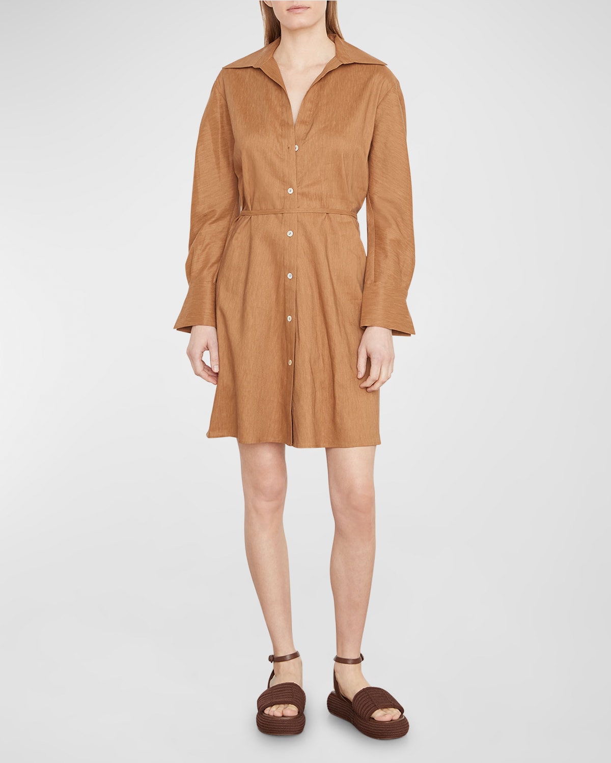 Vince Long Sleeve Stretch Linen Blend Shirtdress In Tobacco