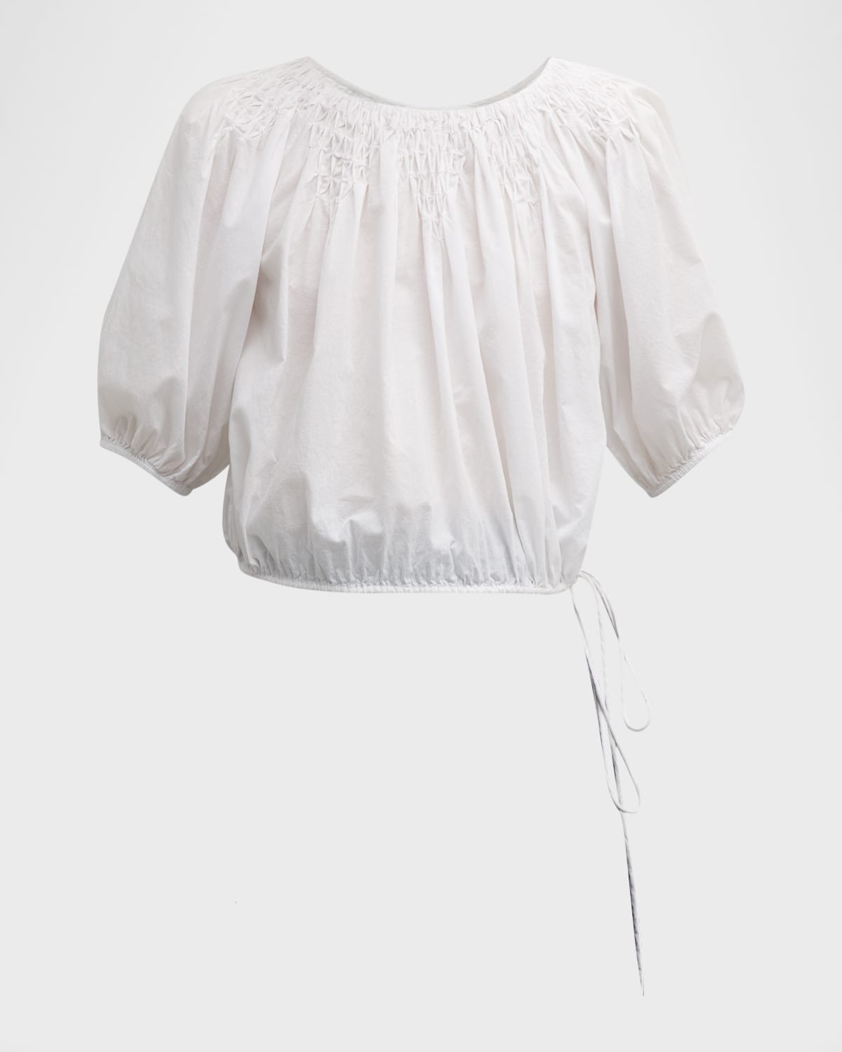 Lotus Smocked Blouson-Sleeve Voile Blouse