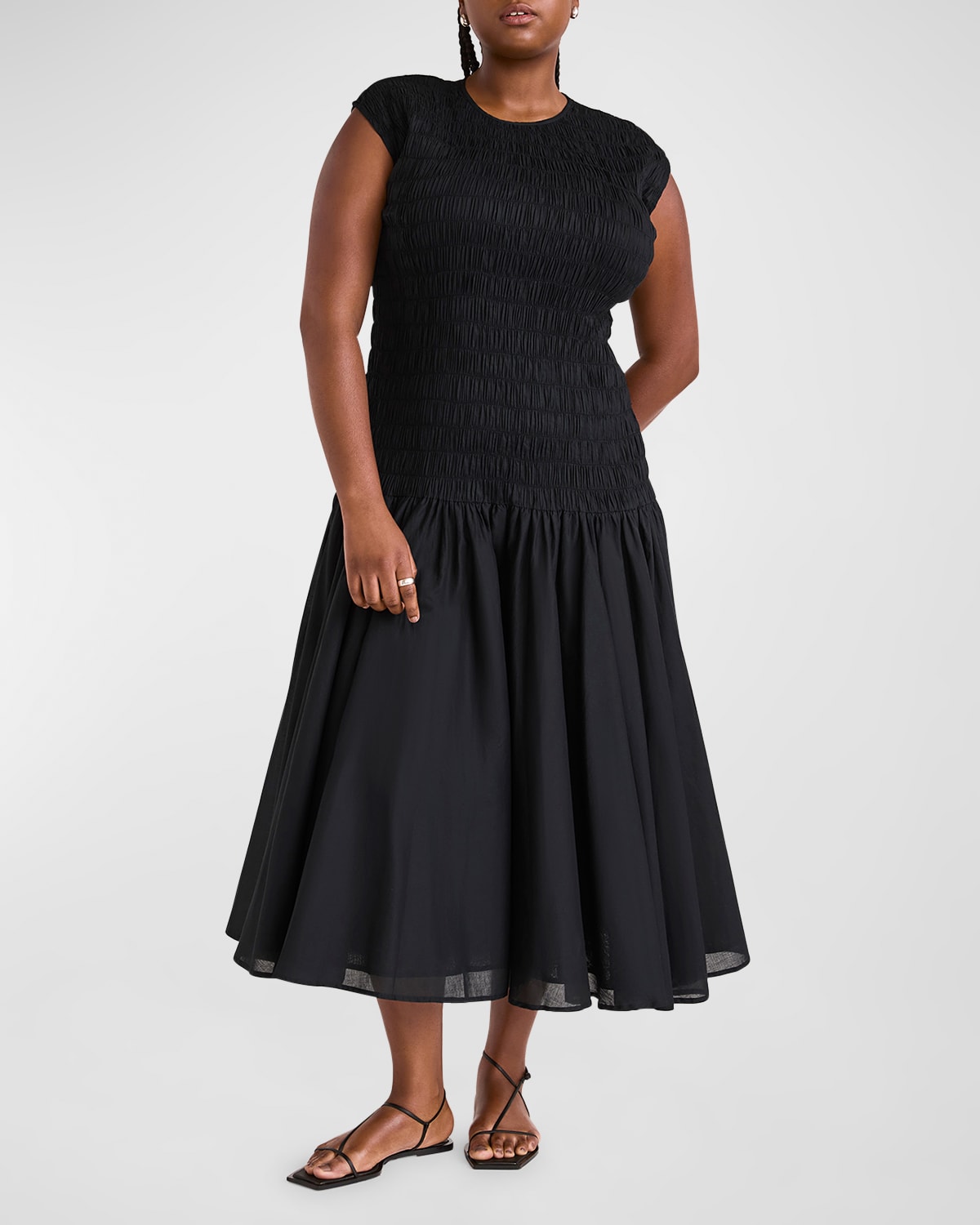 Shop Merlette Stijl Smocked Cap-sleeve Voile Midi Dress In Black