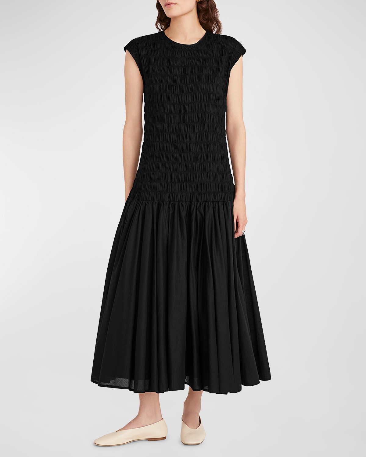 Shop Merlette Stijl Smocked Cap-sleeve Voile Midi Dress In Black