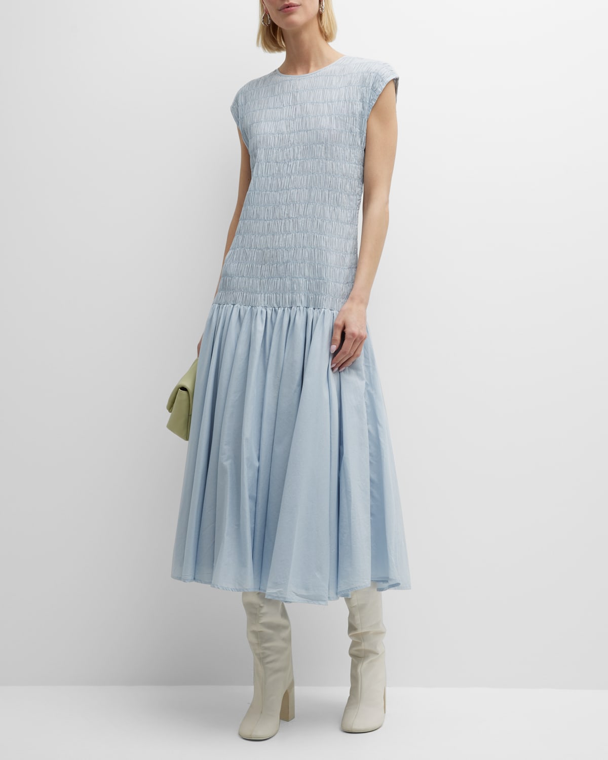 Merlette Stijl Smocked Cap-sleeve Voile Midi Dress In Ether
