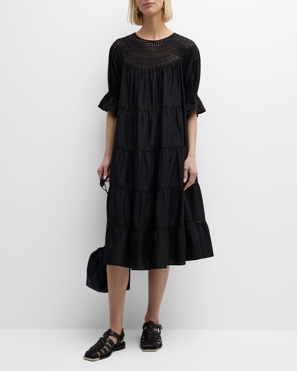 Shop Merlette Paradis Tiered Lace-trim Eyelet Midi Dress In Black