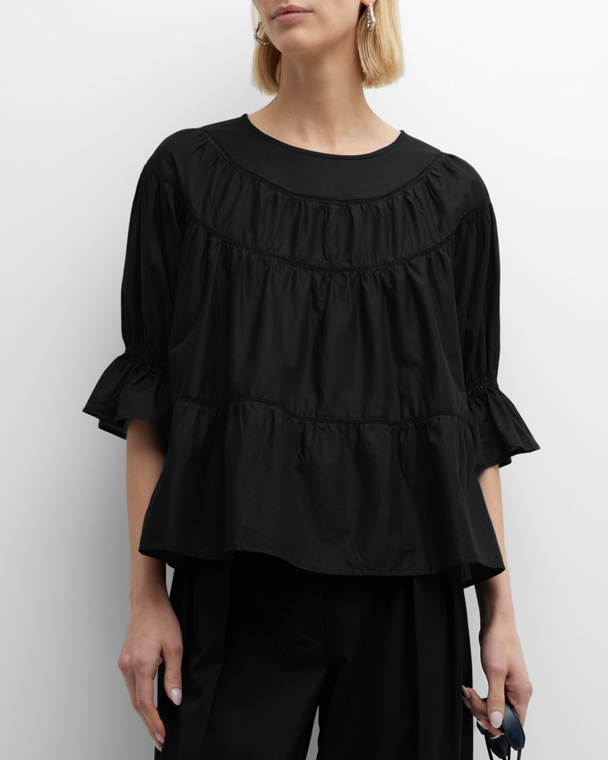 Shop Merlette Sol Tiered Lace-inset Blouson-sleeve Top In Black