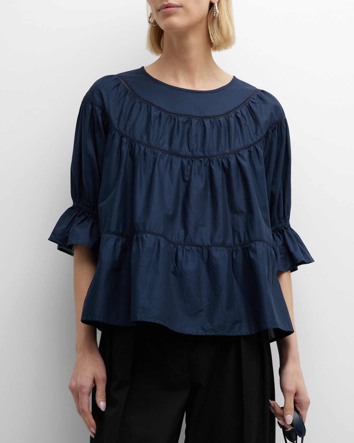 Shop Merlette Sol Tiered Lace-inset Blouson-sleeve Top In Navy