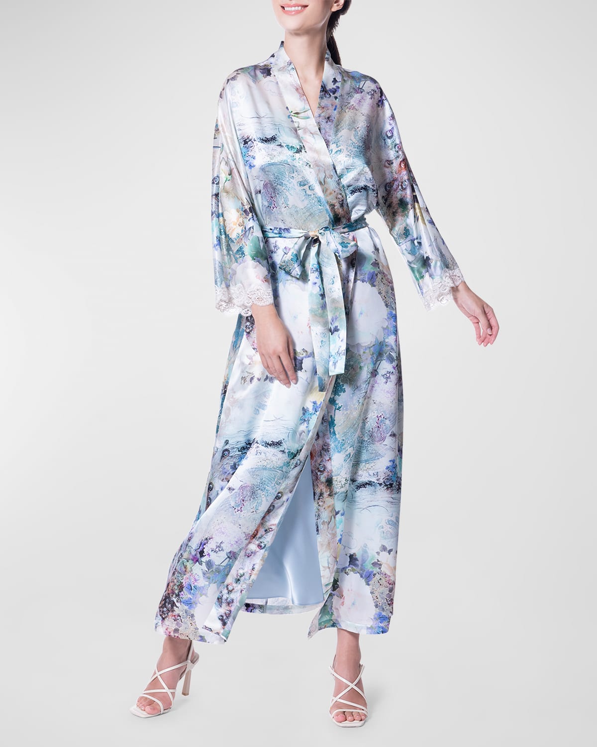 Christine Lingerie Enchanted Lace-Trim Floral-Print Silk Robe
