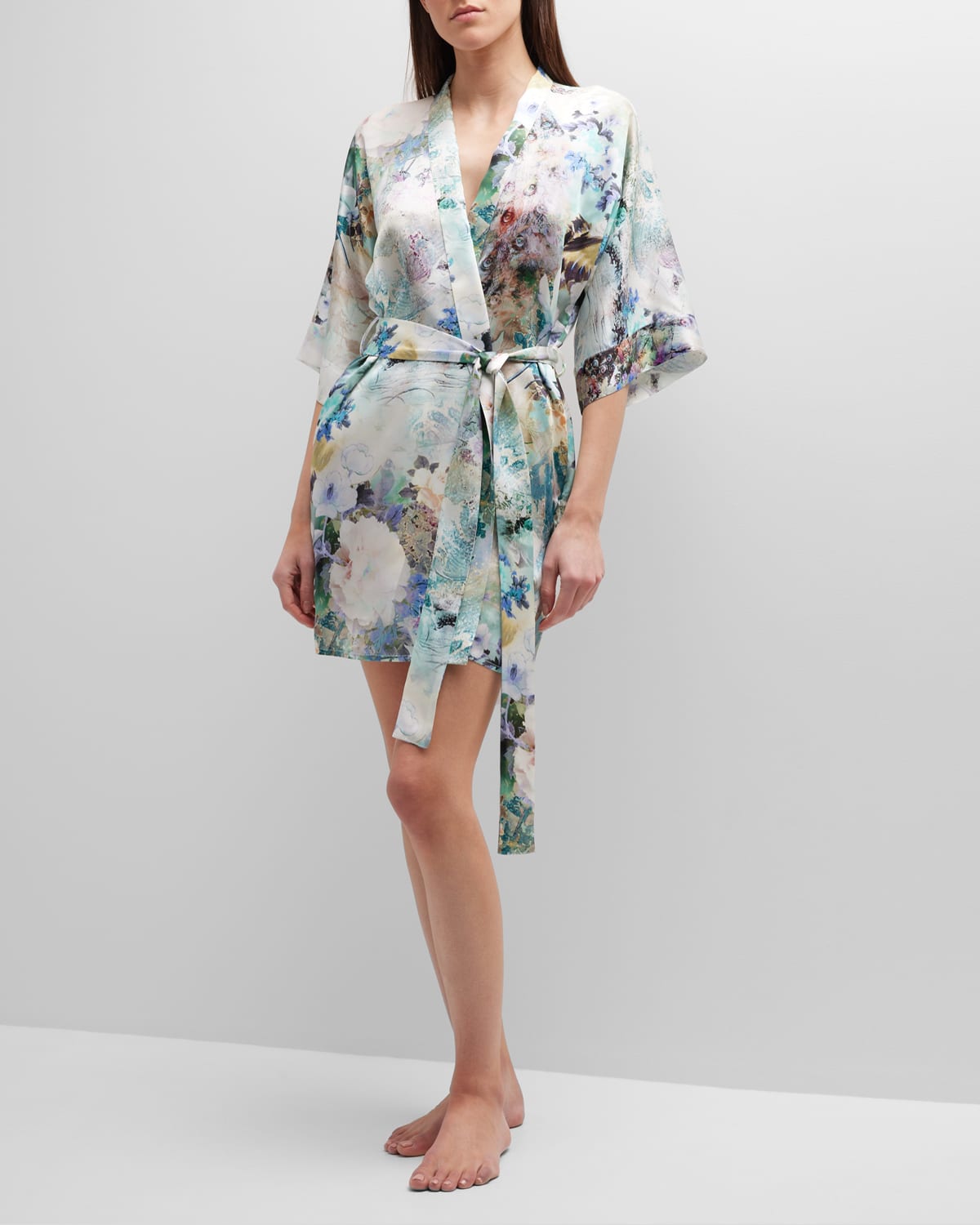 Christine Lingerie Enchanted Short Floral-Print Silk Robe