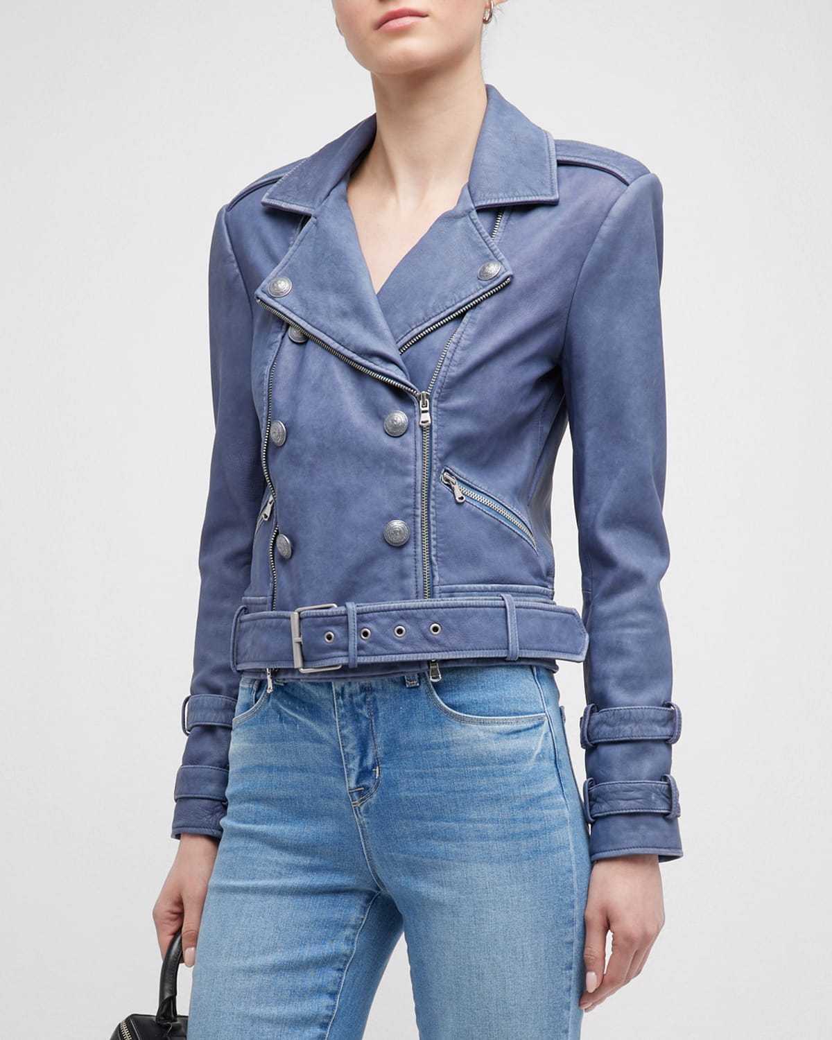 L Agence Billie Belted Leather Moto Jacket In Washed Indigo