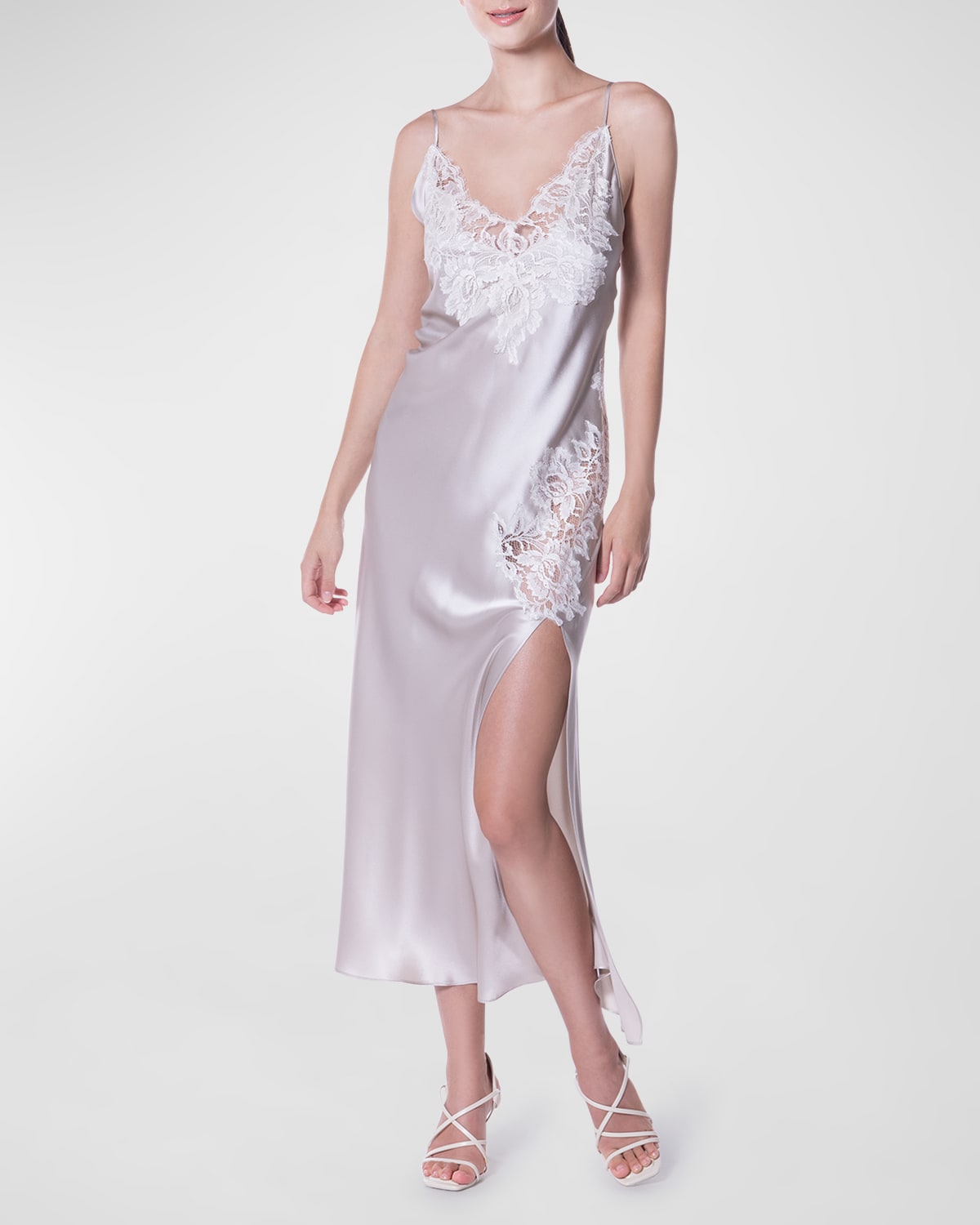 Christine Lingerie Venus Lace-Trim Charmeuse Nightgown